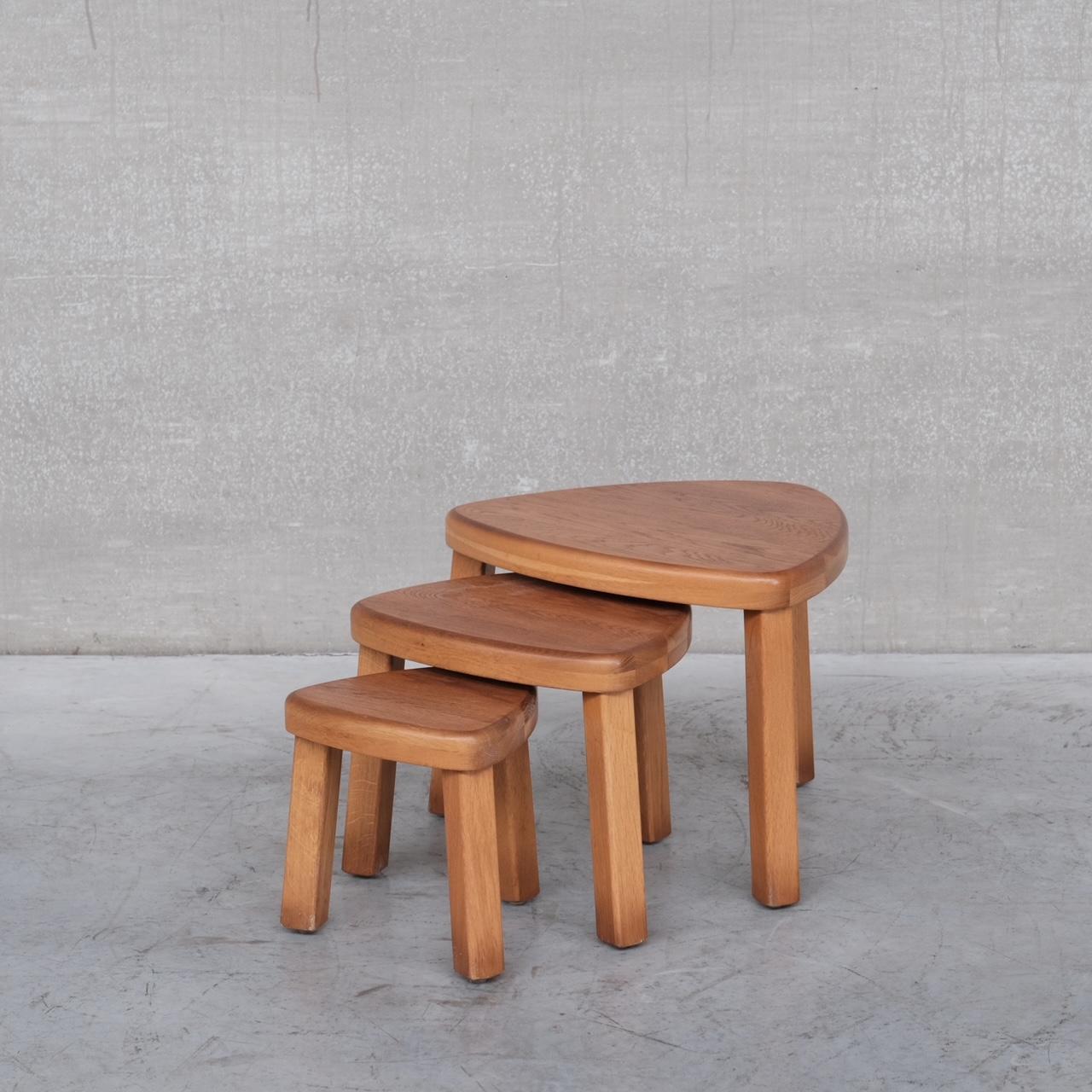 Wood Trio of Oak Mid-Century Nesting Tables in Manner of Pierre Chapo