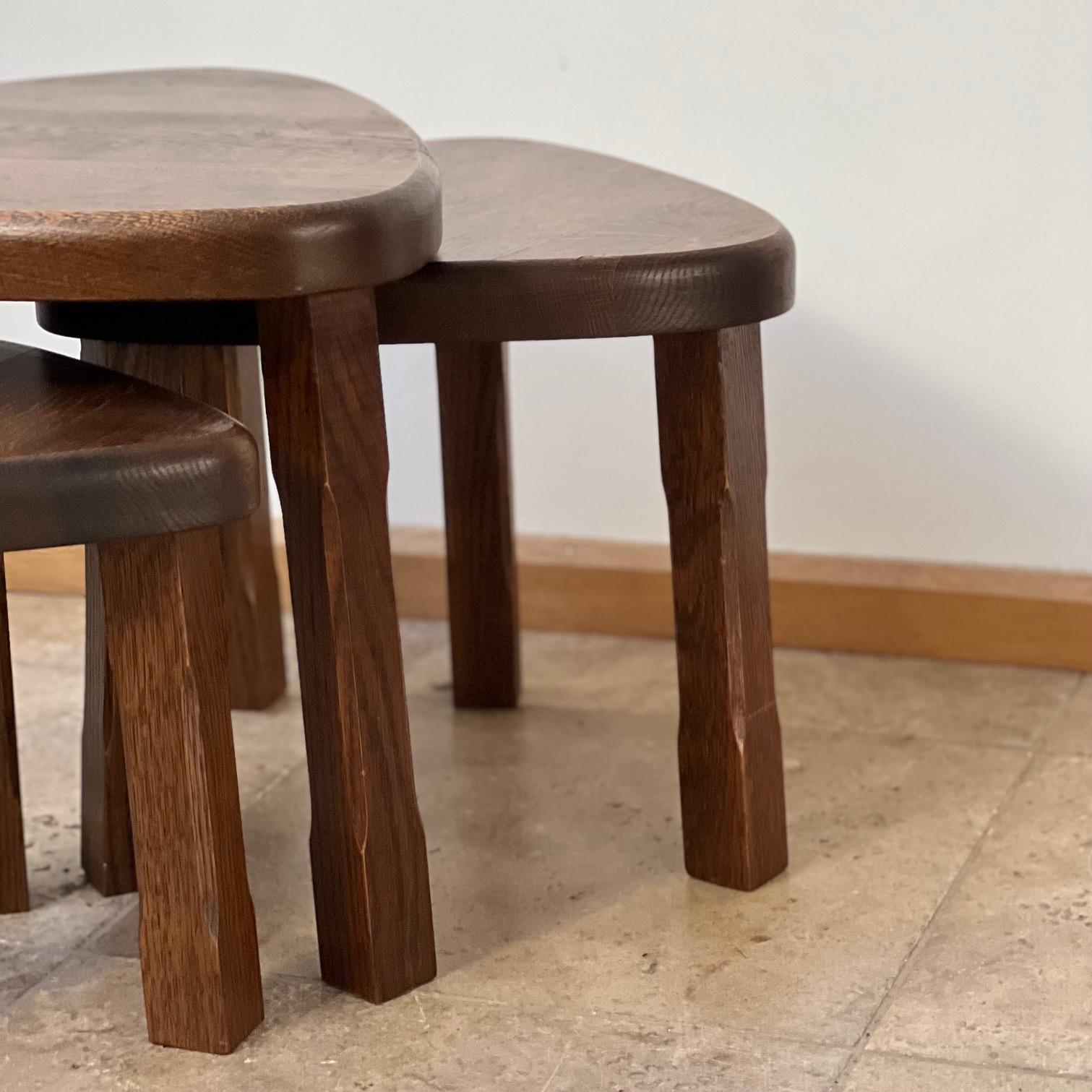 Late 20th Century Trio of Oak Mid-Century Nesting Tables in Manner of Pierre Chapo