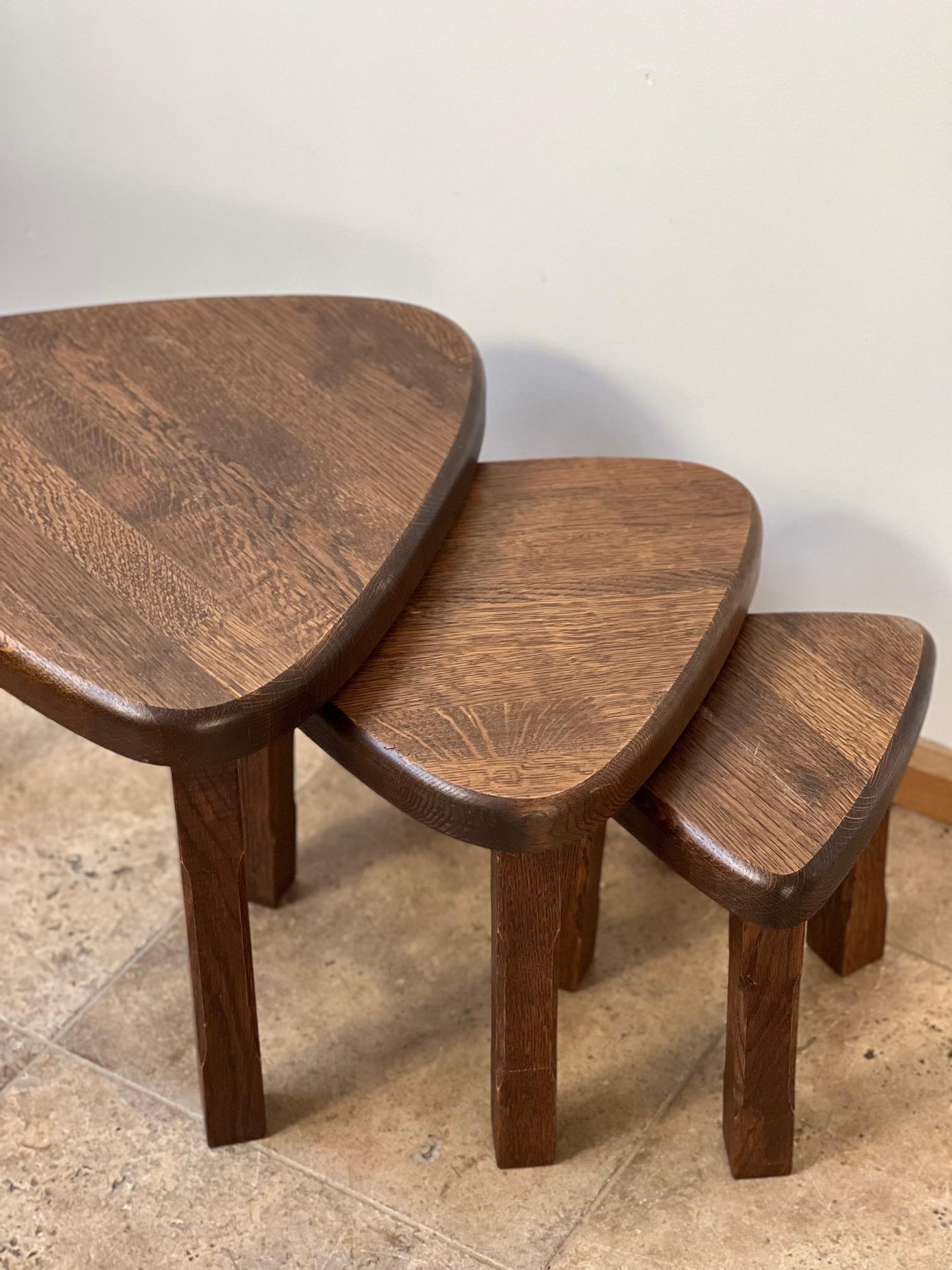 Trio of Oak Mid-Century Nesting Tables in Manner of Pierre Chapo 1
