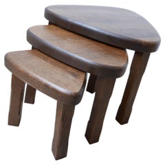Trio of Oak Mid-Century Nesting Tables in Manner of Pierre Chapo