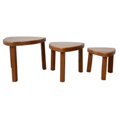 Trio of Oak Mid-Century Nesting Tables in Manner of Pierre Chapo