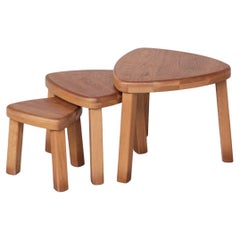 Trio of Oak Mid-Century Nesting Tables in Manner of Pierre Chapo