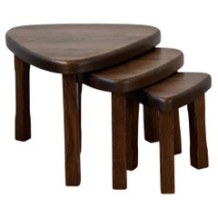 Trio of Oak Mid-Century Nesting Tables in Manner of Pierre Chapo