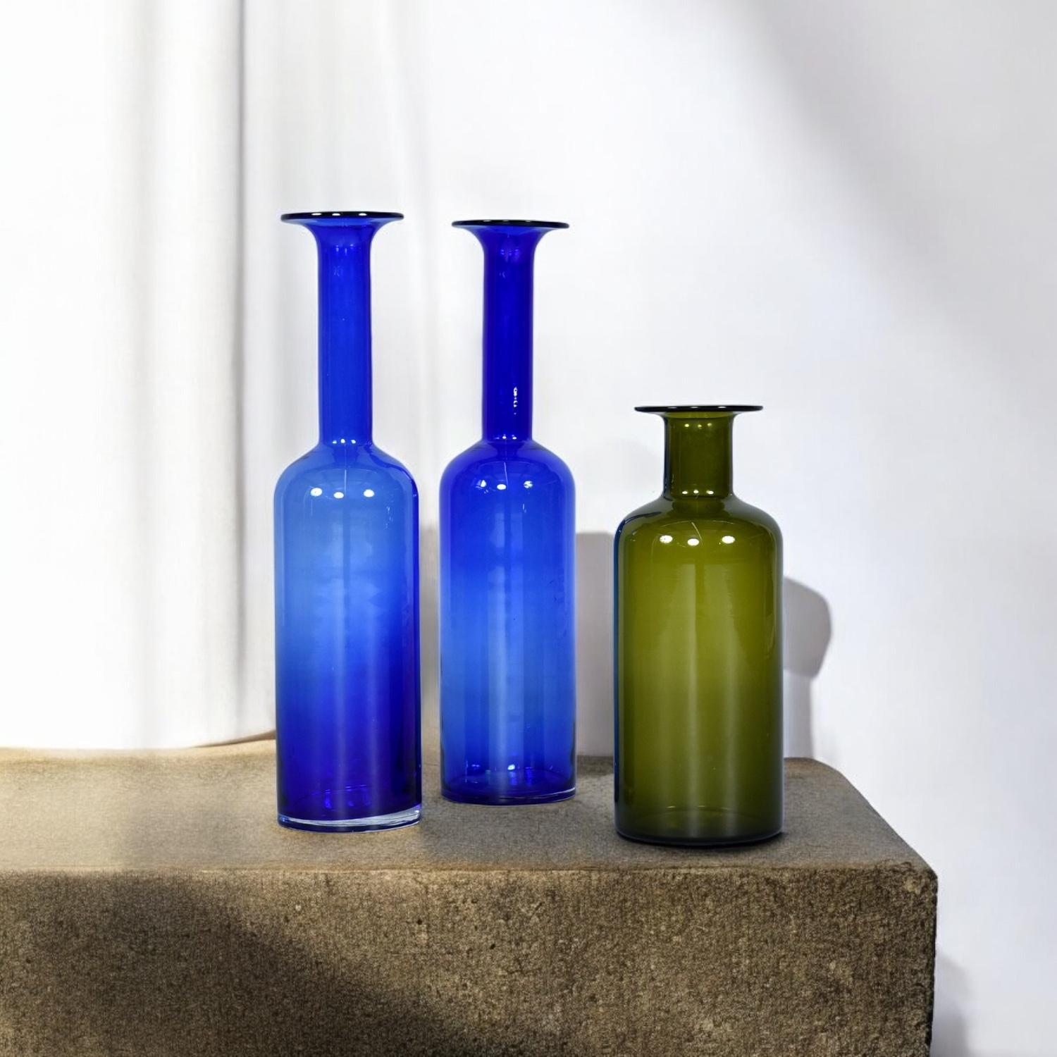 Scandinavian Modern Trio of Otto Brauer for Holmgaard Green and Blue Danish Glass Gulvvases For Sale