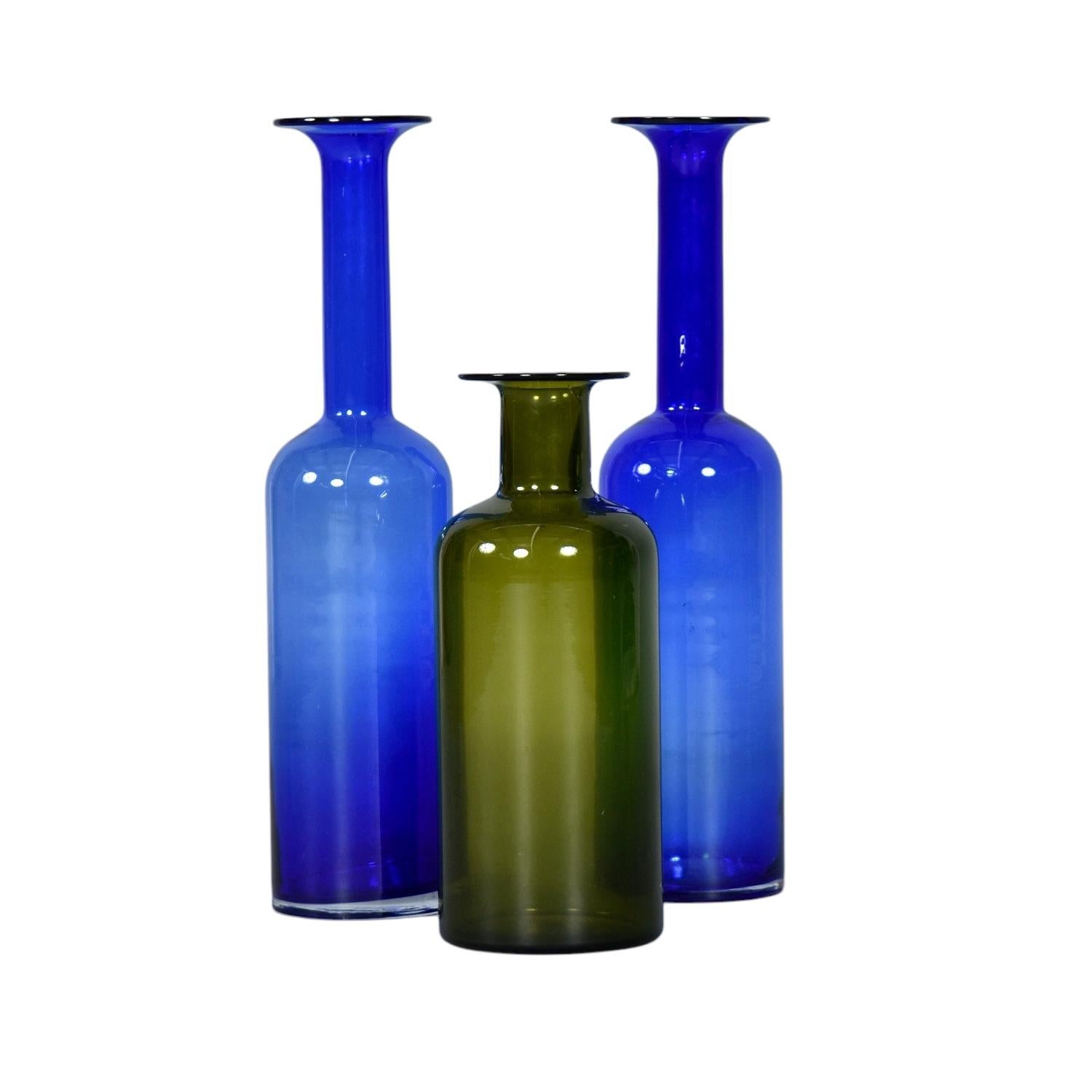 Trio of Otto Brauer for Holmgaard Green and Blue Danish Glass Gulvvases In Excellent Condition For Sale In Chattanooga, TN