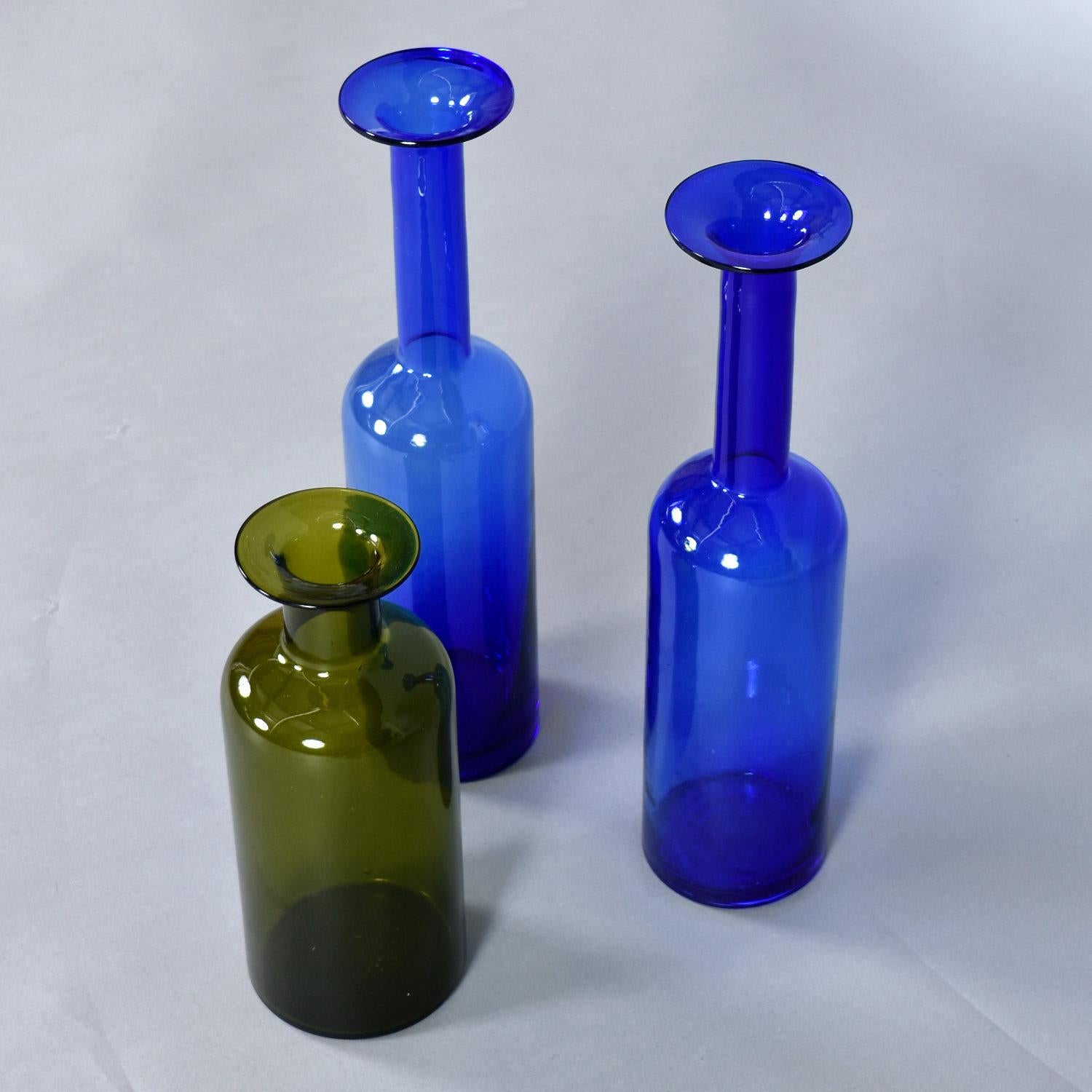Art Glass Trio of Otto Brauer for Holmgaard Green and Blue Danish Glass Gulvvases For Sale