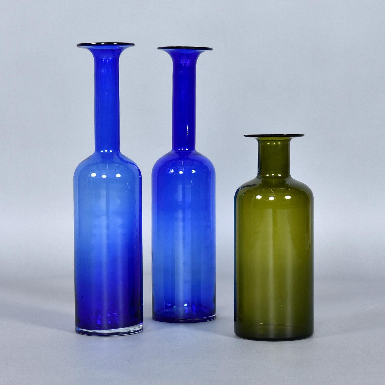 Trio of Otto Brauer for Holmgaard Green and Blue Danish Glass Gulvvases For Sale 2
