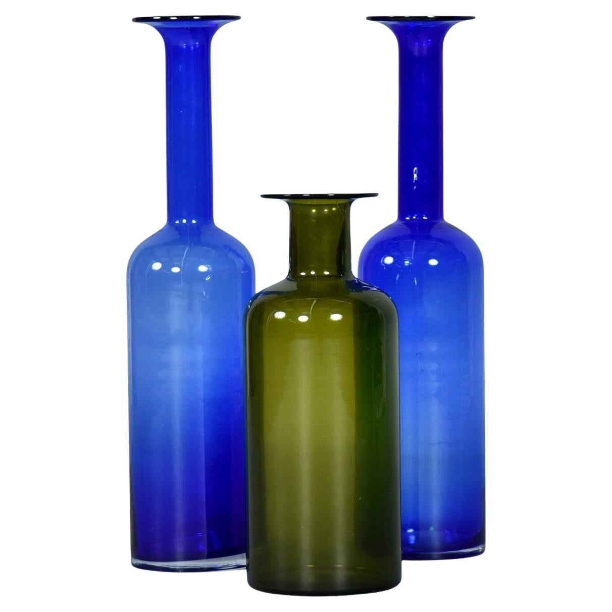 Trio of Otto Brauer for Holmgaard Green and Blue Danish Glass Gulvvases