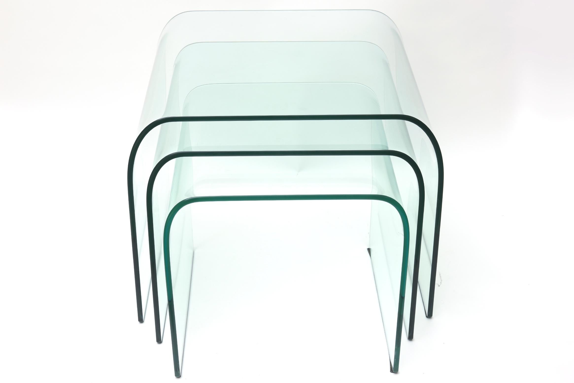 Italian Pace Collection Waterfall Bent Glass Nesting Tables by Fiam Trio