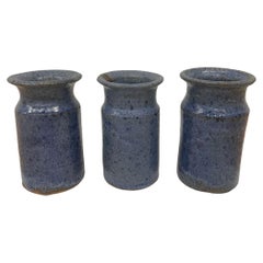 Trio of Petite Mid-Century Blue Pottery Vases