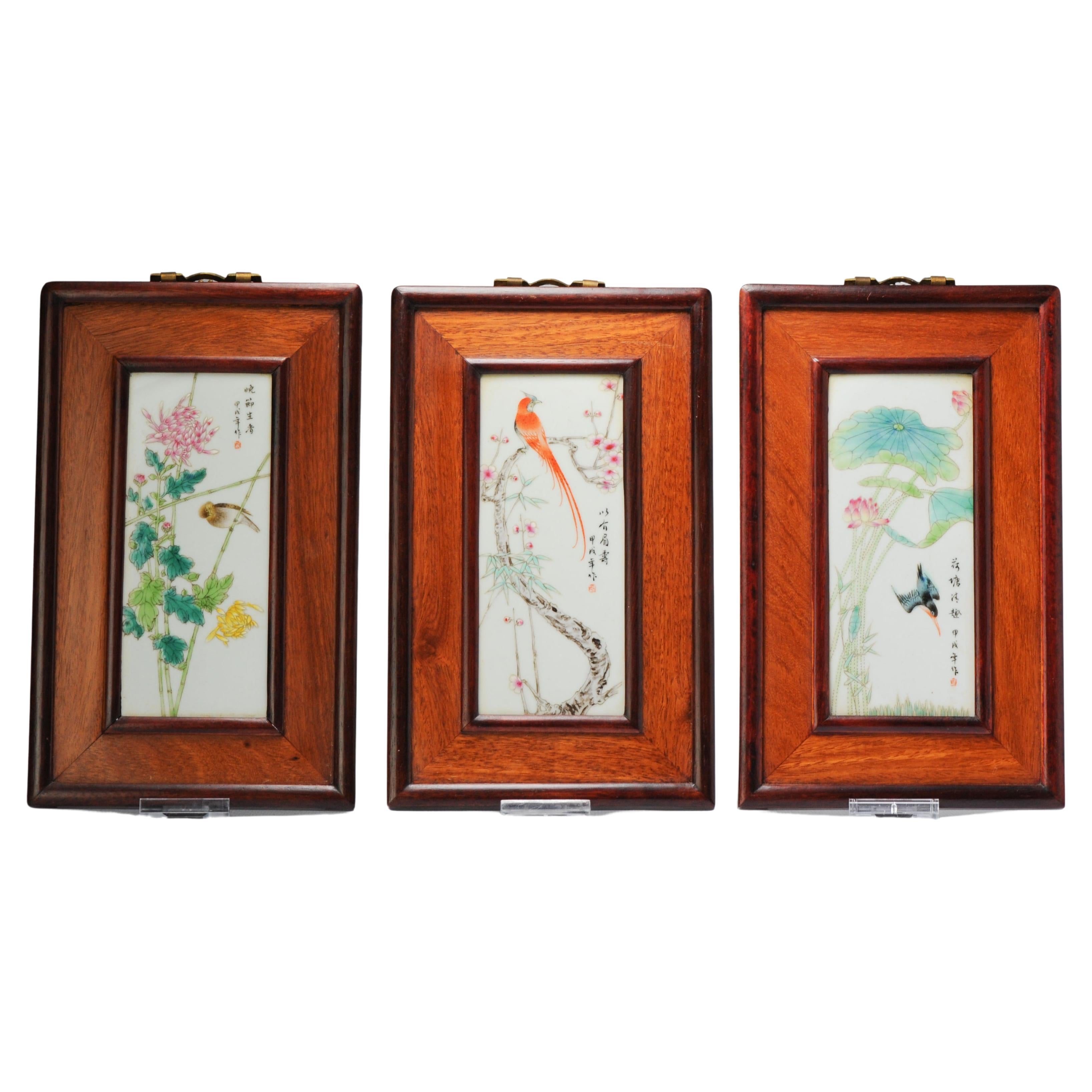 Trio of Plaques 20th C Chinese Porcelain PROC Birds and Flowers China Fencai For Sale