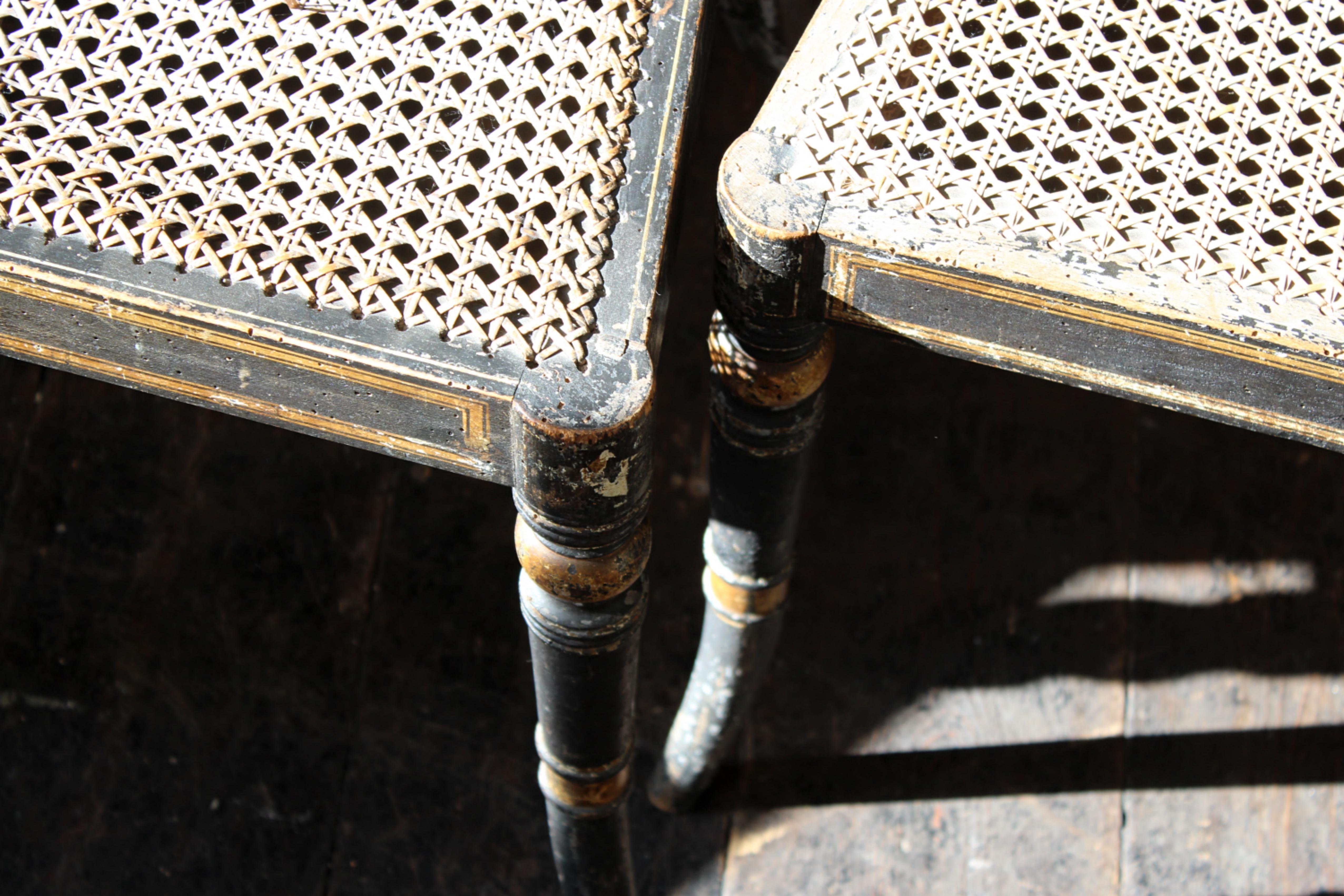 Trio of Regency Ebonised Hand Painted Gilt & Cane Distressed Occasional Chairs  For Sale 5