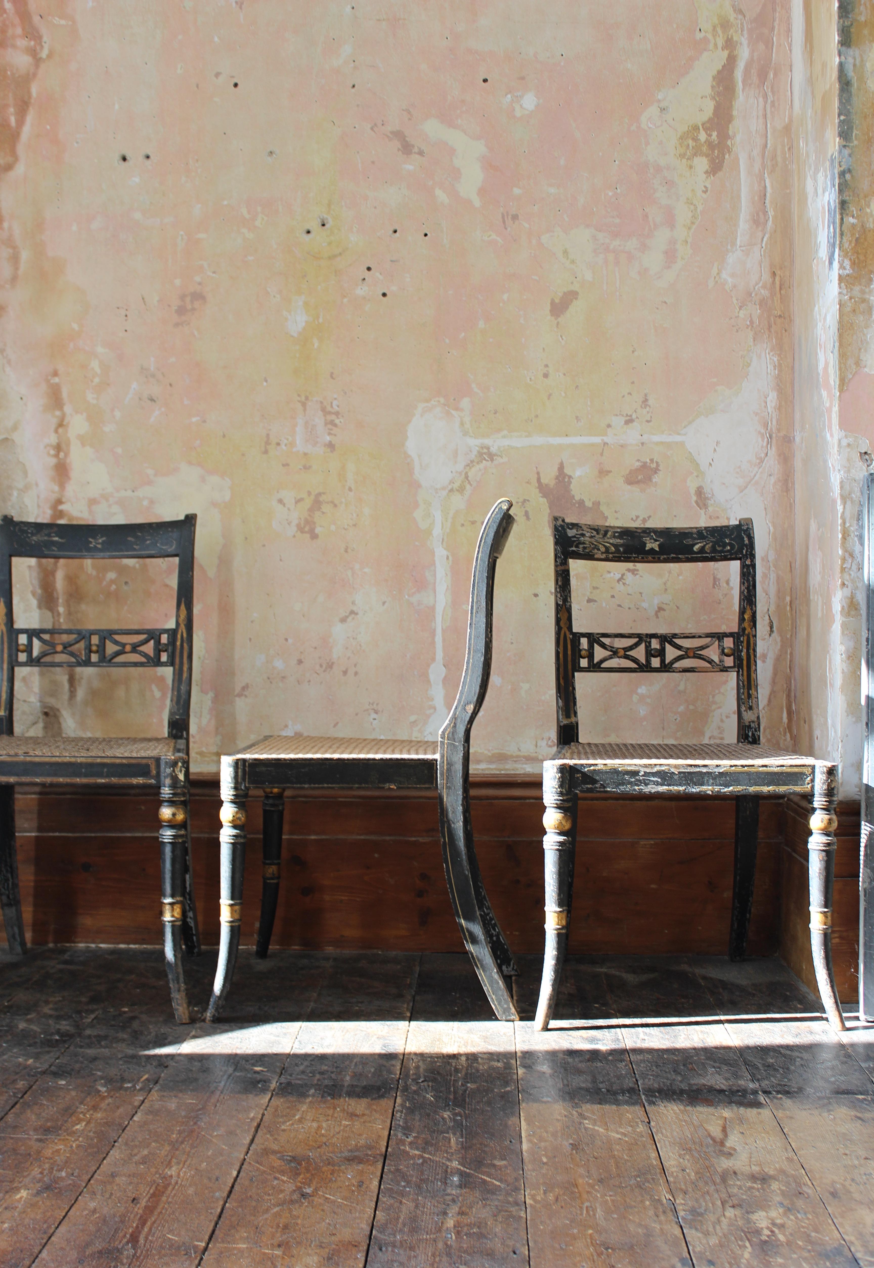 Trio of Regency Ebonised Hand Painted Gilt & Cane Distressed Occasional Chairs  For Sale 7