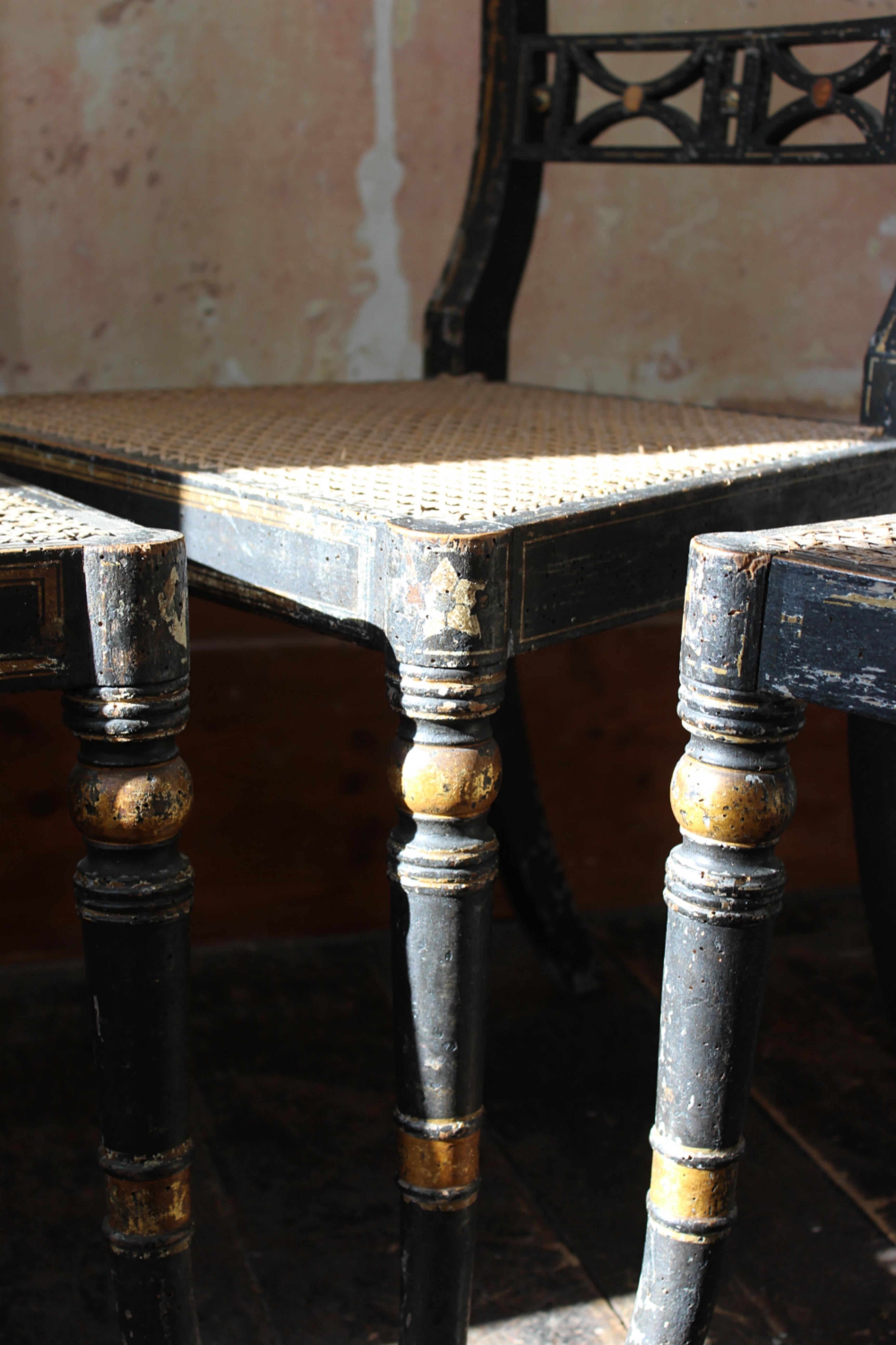 Trio of Regency Ebonised Hand Painted Gilt & Cane Distressed Occasional Chairs  For Sale 11