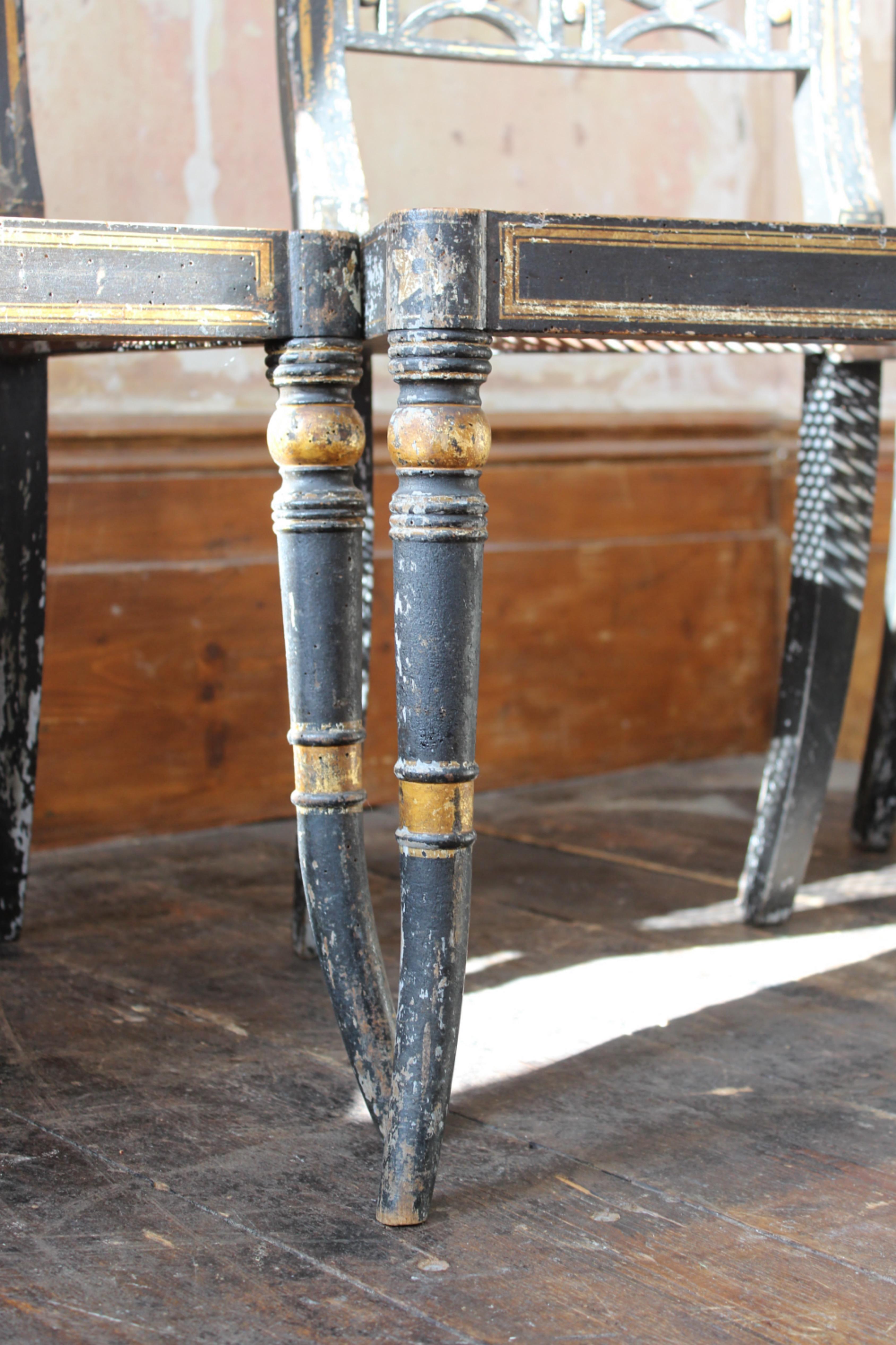 Trio of Regency Ebonised Hand Painted Gilt & Cane Distressed Occasional Chairs  For Sale 3