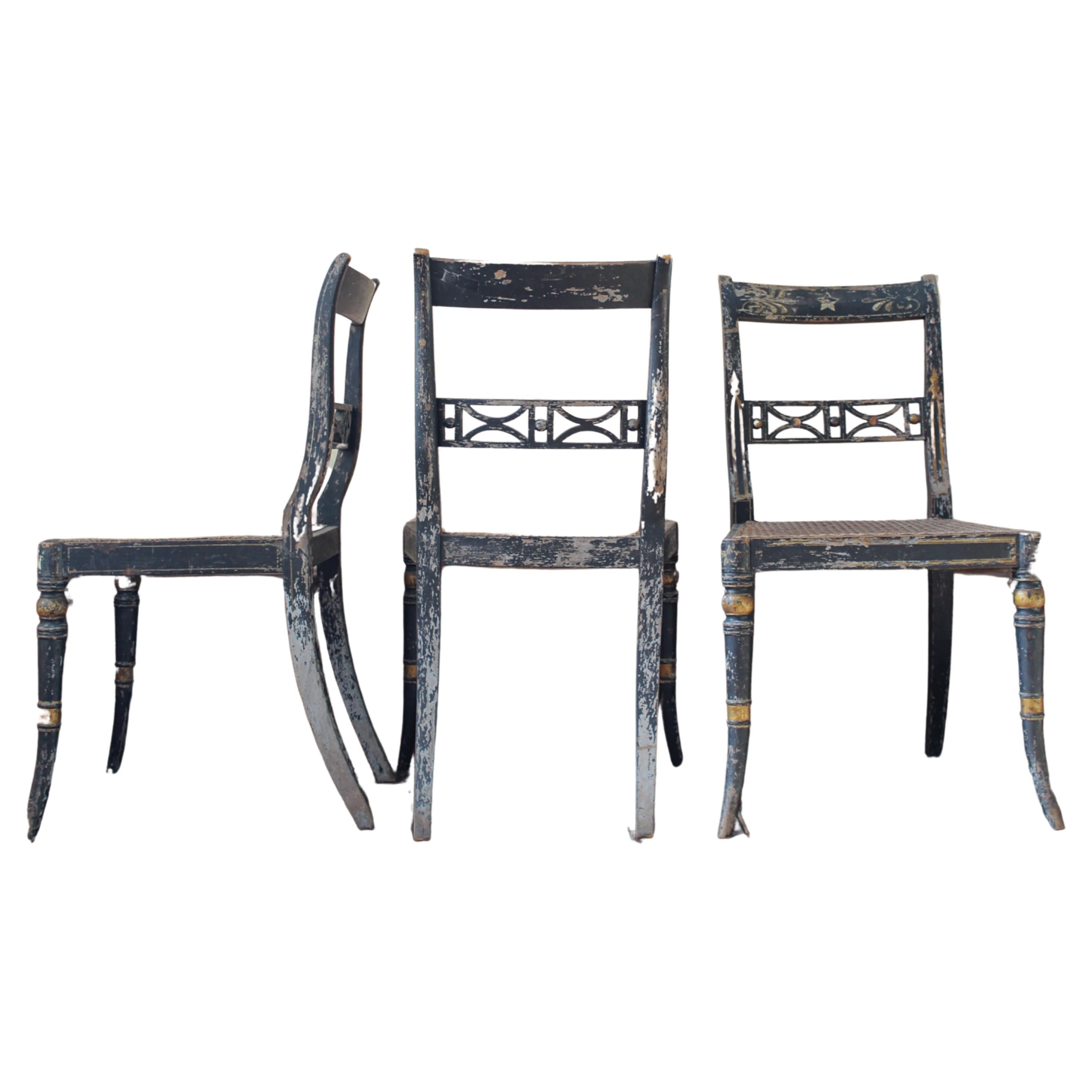 Trio of Regency Ebonised Hand Painted Gilt & Cane Distressed Occasional Chairs  For Sale