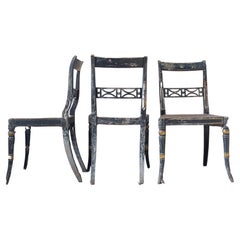 Trio of Regency Ebonised Hand Painted Gilt & Cane Distressed Occasional Chairs 