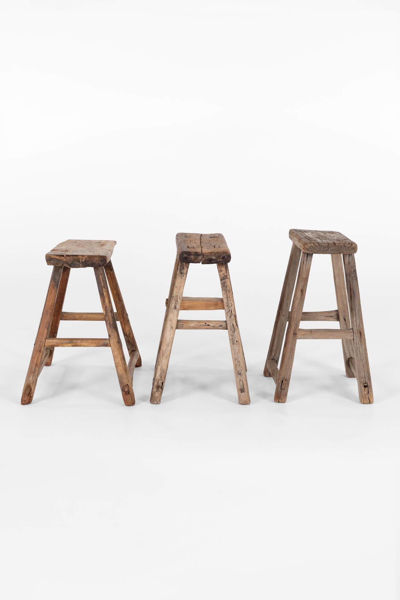 Hand-Crafted Trio of Rustic Elm Stools For Sale