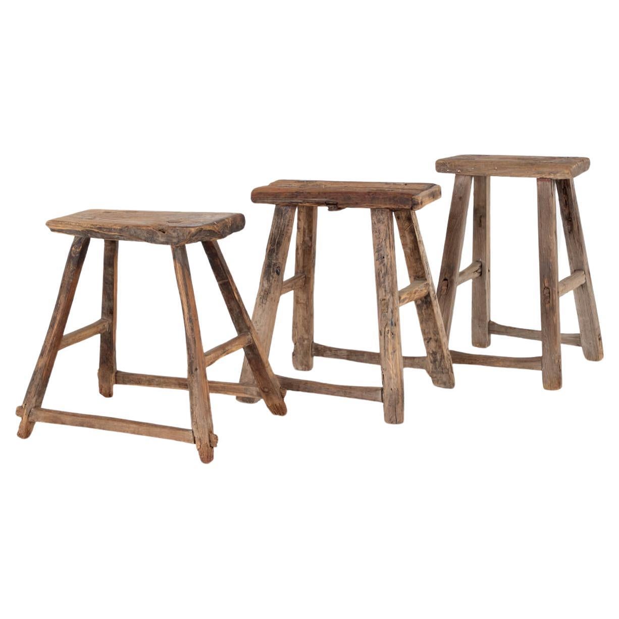 Trio of Rustic Elm Stools For Sale