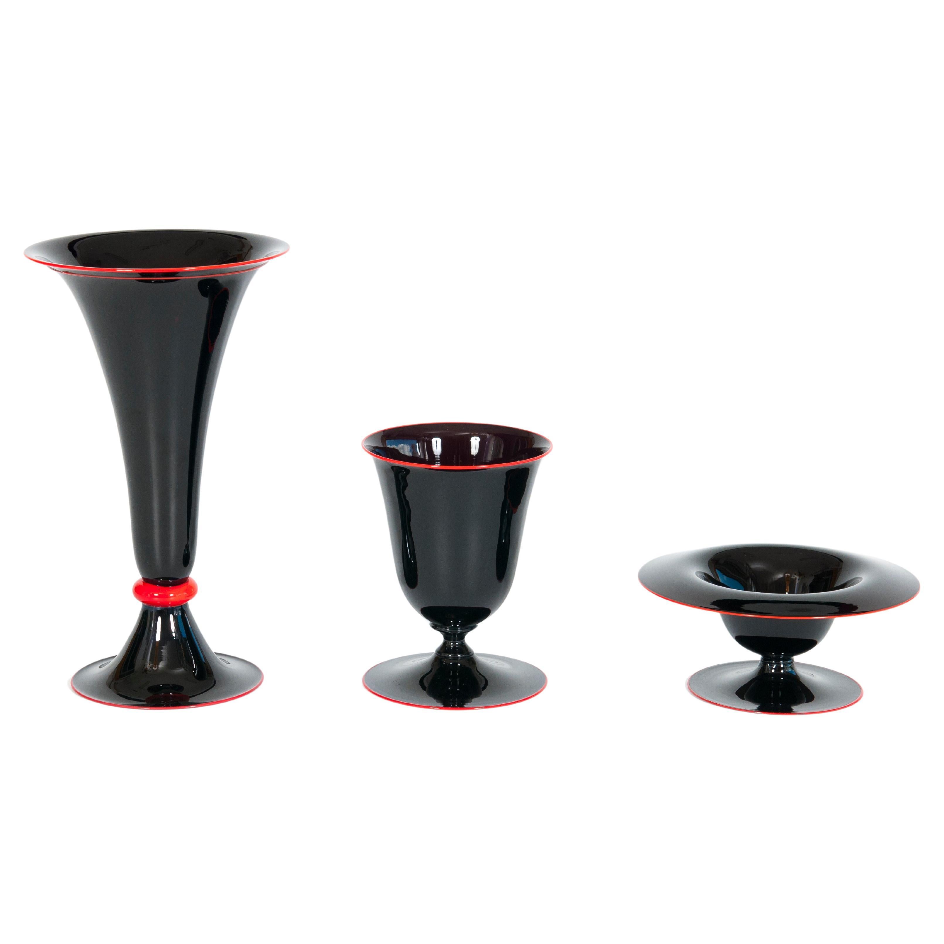 Trio of Shiny Black Stem Glasses in Murano Glass with Red Finishes Italy 1970s For Sale