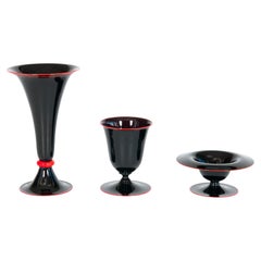 Trio of Shiny Black Stem Glasses in Murano Glass with Red Finishes Italy 1970s