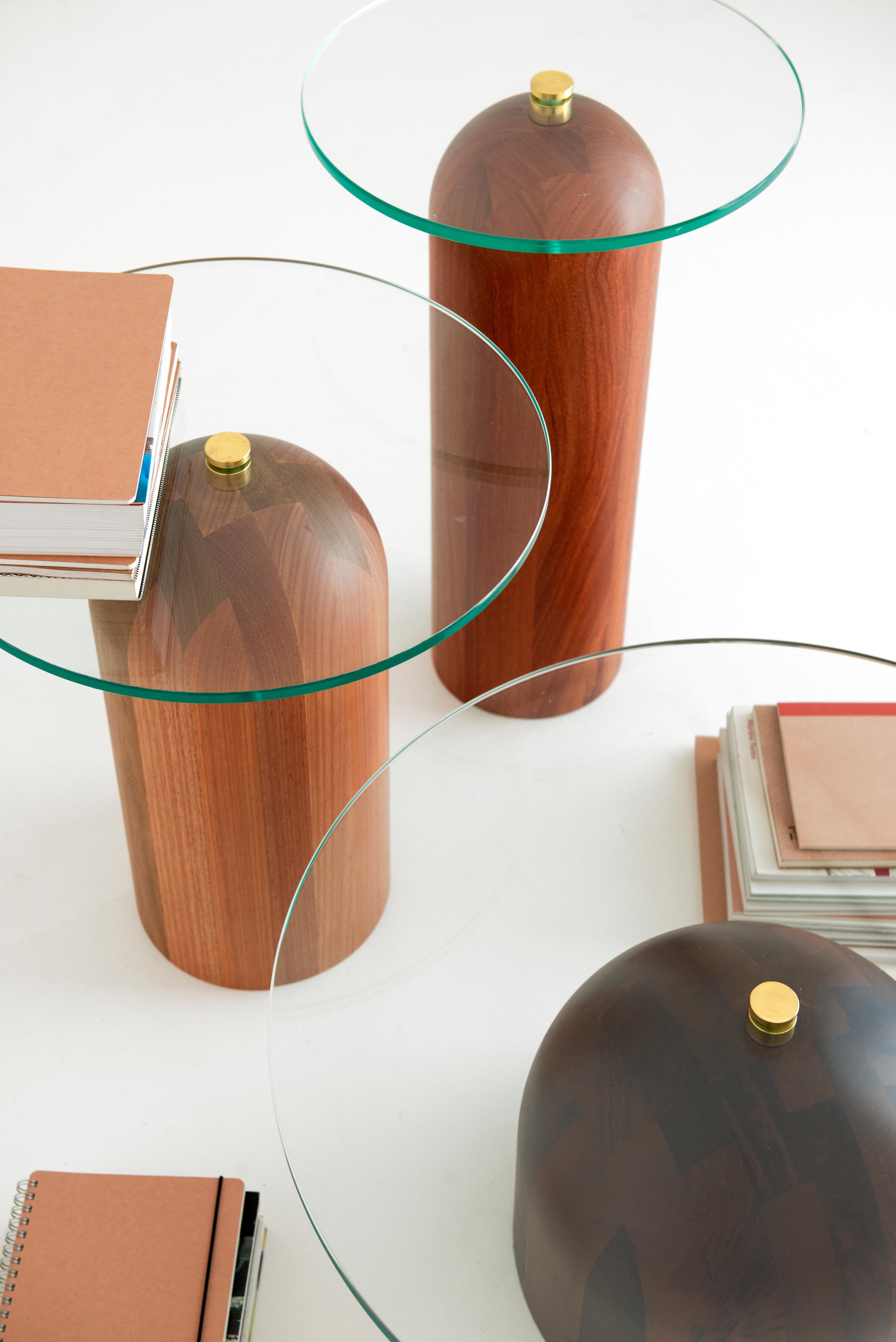 Trio of side tables by Leandro Garcia Contemporary Brazil Design
Materials: Cylindrical wood legs (dark color), wooden seat (light color), and polished brass hoops

Overall dimensions: 
Low: 30 x 63 x 63 cm
Medium: 48 x 42 x 42 cm
Tall: 58 x