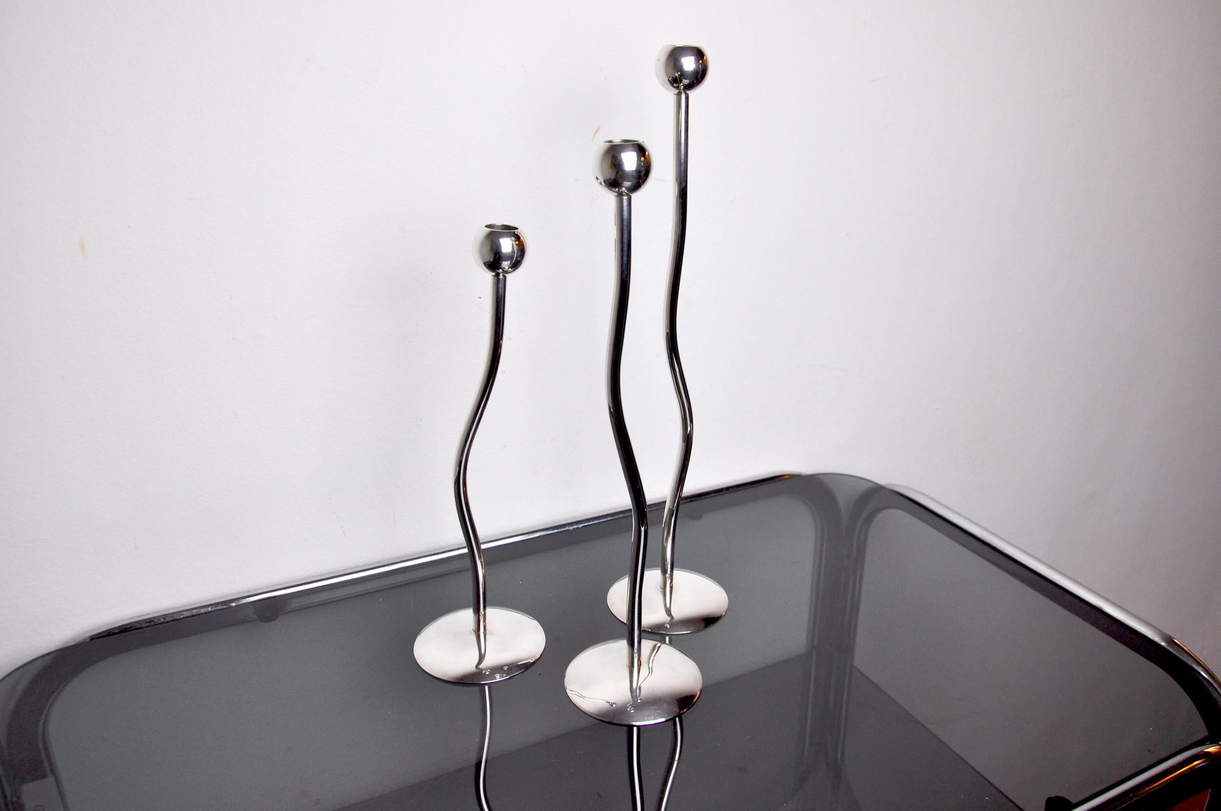 Italian Trio of Silver Metal Candle Holders by Mesa, Italy, 1980 For Sale