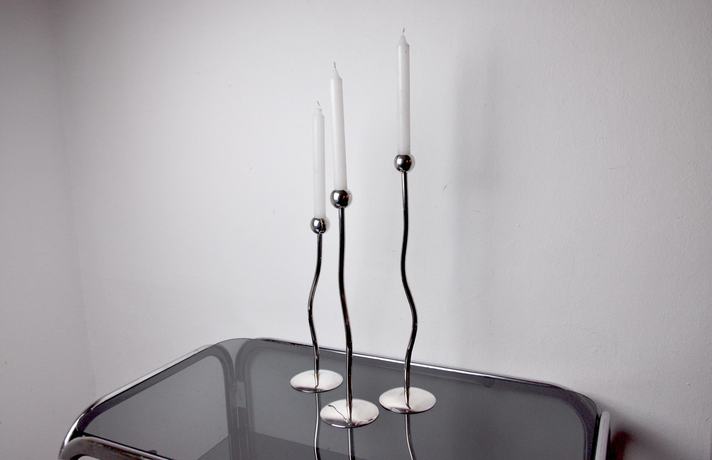 Late 20th Century Trio of Silver Metal Candle Holders by Mesa, Italy, 1980 For Sale