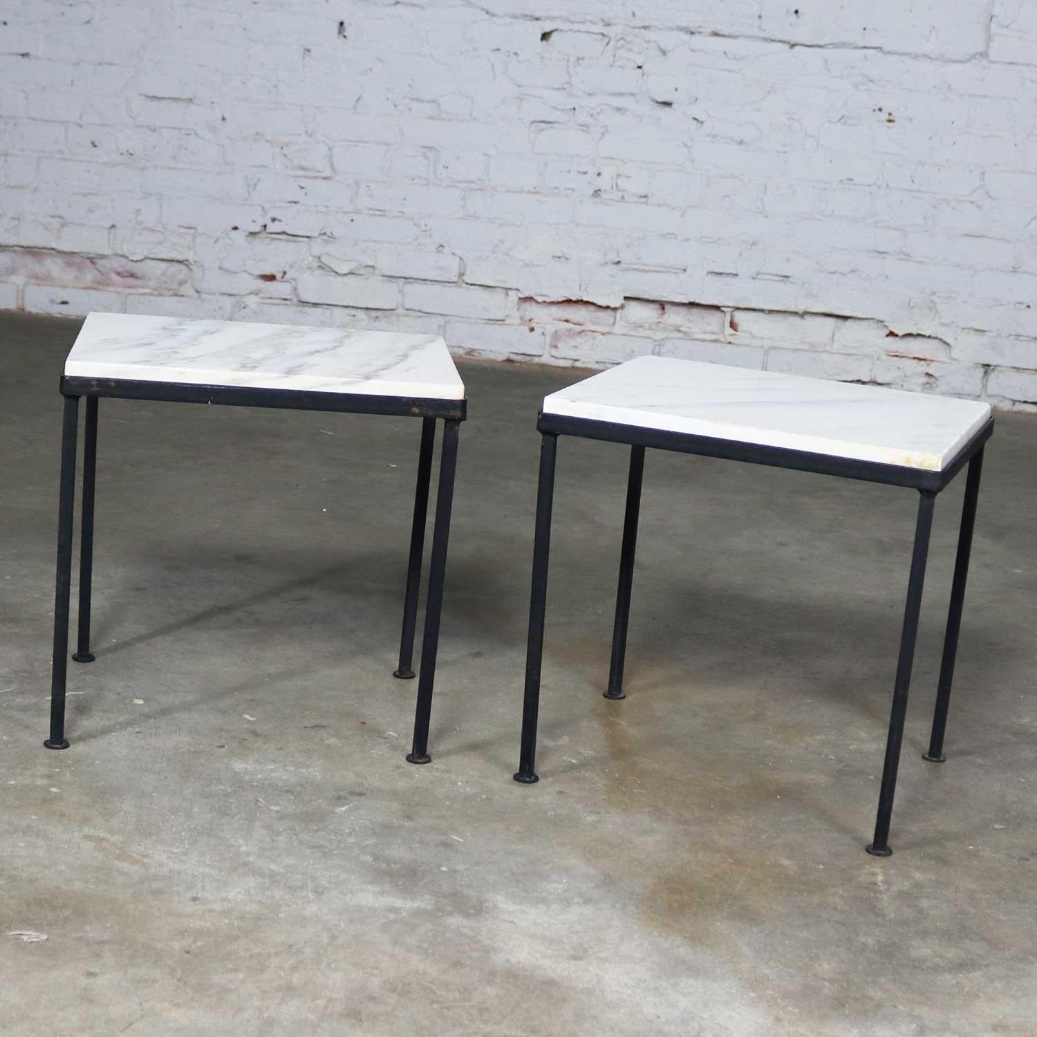 Trio of Small Black Iron Frame White Marble-Topped Tables for Indoors or Out 5