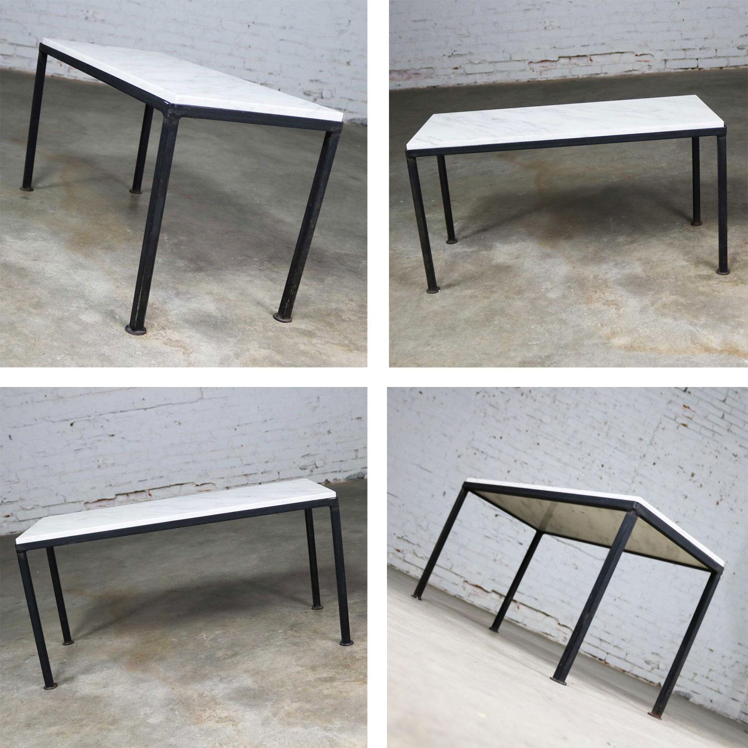 Mid-Century Modern Trio of Small Black Iron Frame White Marble-Topped Tables for Indoors or Out