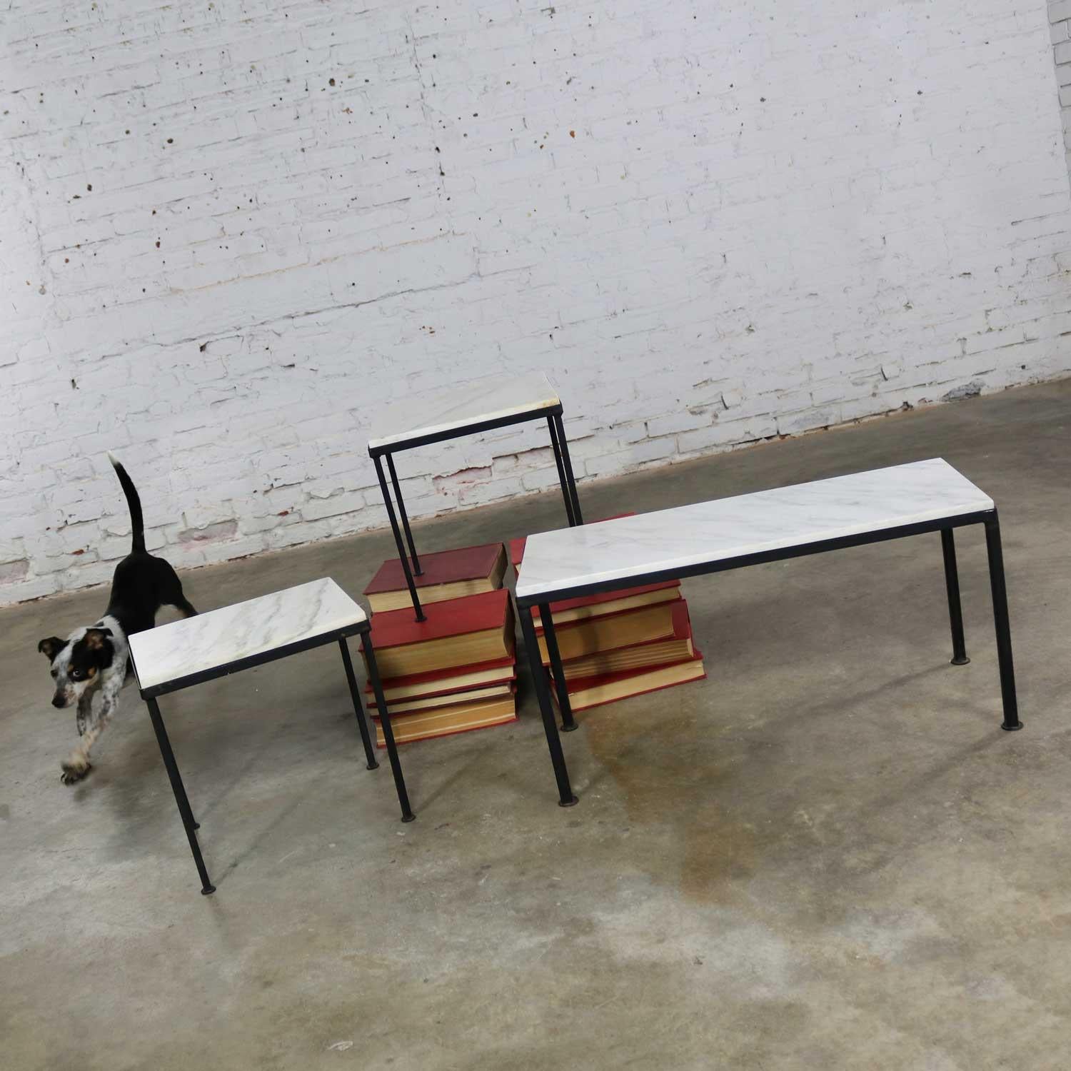 Painted Trio of Small Black Iron Frame White Marble-Topped Tables for Indoors or Out