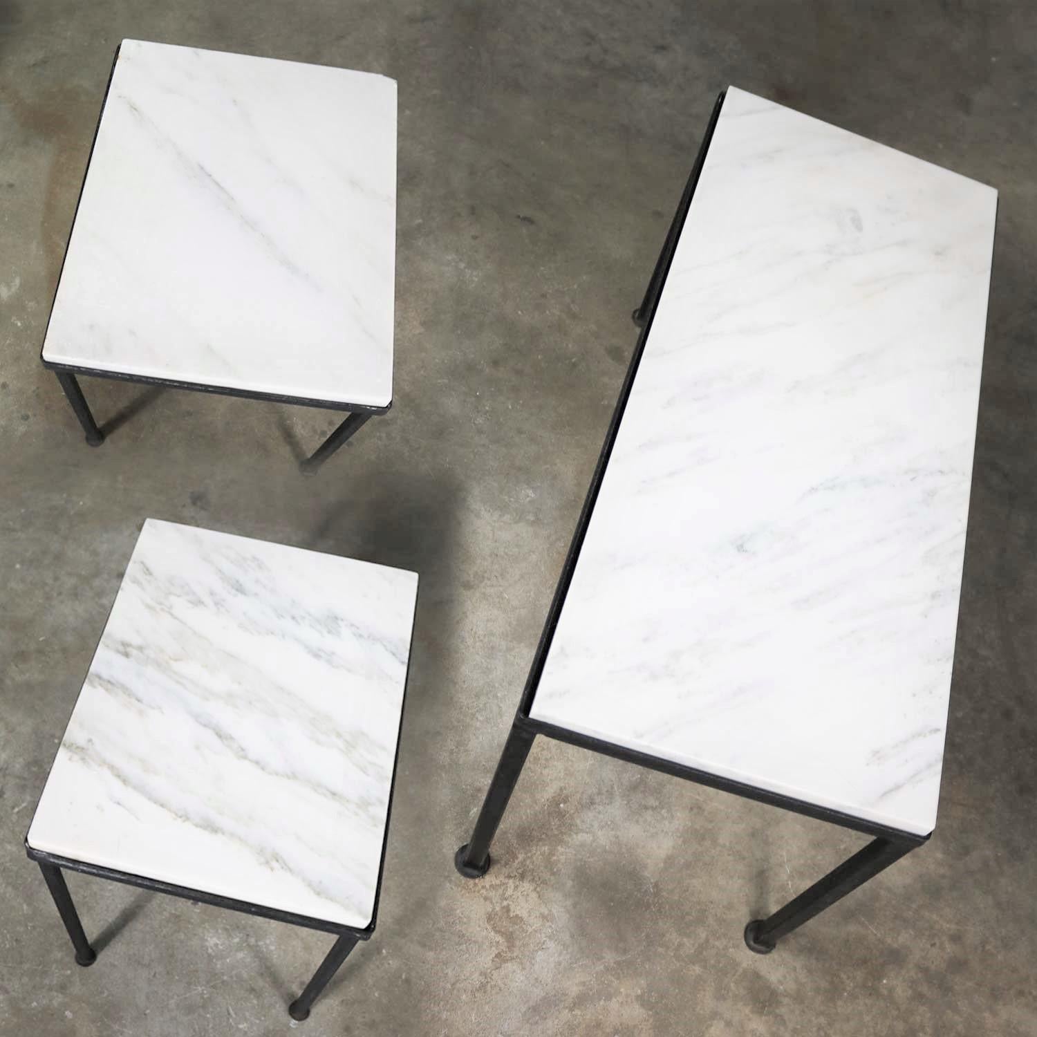 20th Century Trio of Small Black Iron Frame White Marble-Topped Tables for Indoors or Out