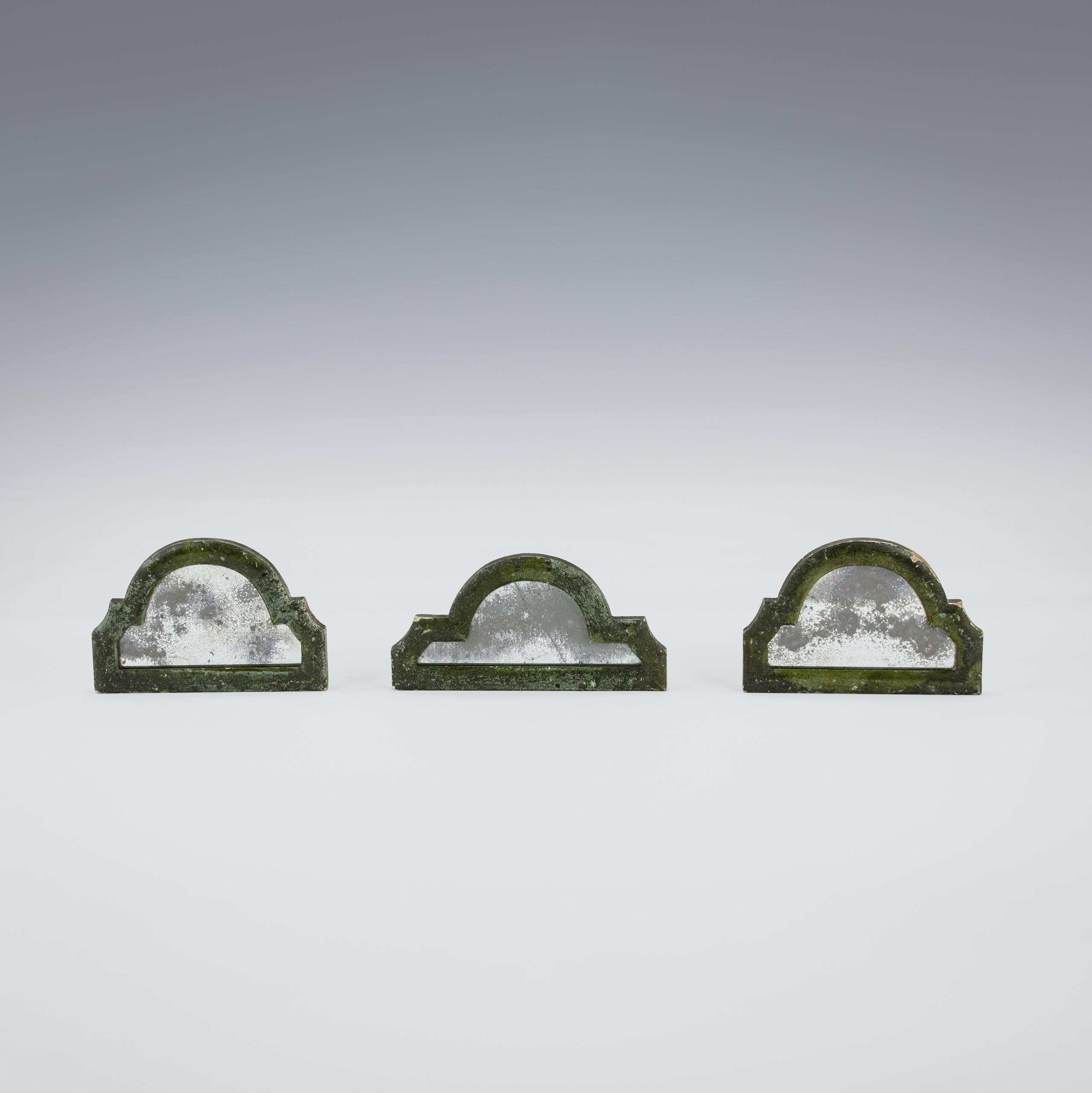 Trio of Small Foxed Mercury Plate Mirrors, found in original painted blue frames. Heavily distressed mirror plates, original painted frames with some paint loss. A remarkable trio of small mirrors. France, Circa 1860.