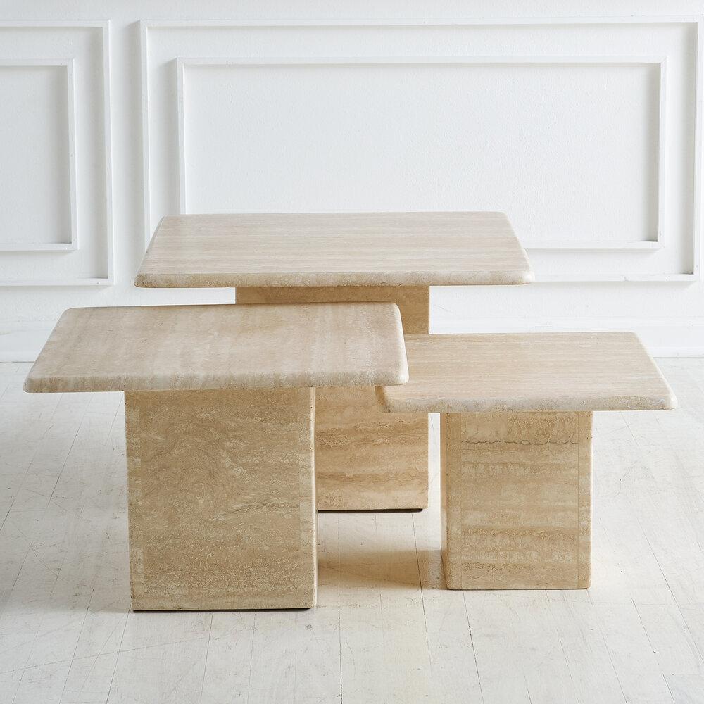A trio of honed Travertine coffee tables in a variety of 3 heights; a fantastic option for a versatile coffee table in a beautiful, natural Italian travertine. Sourced in Europe.

Dimensions: 16