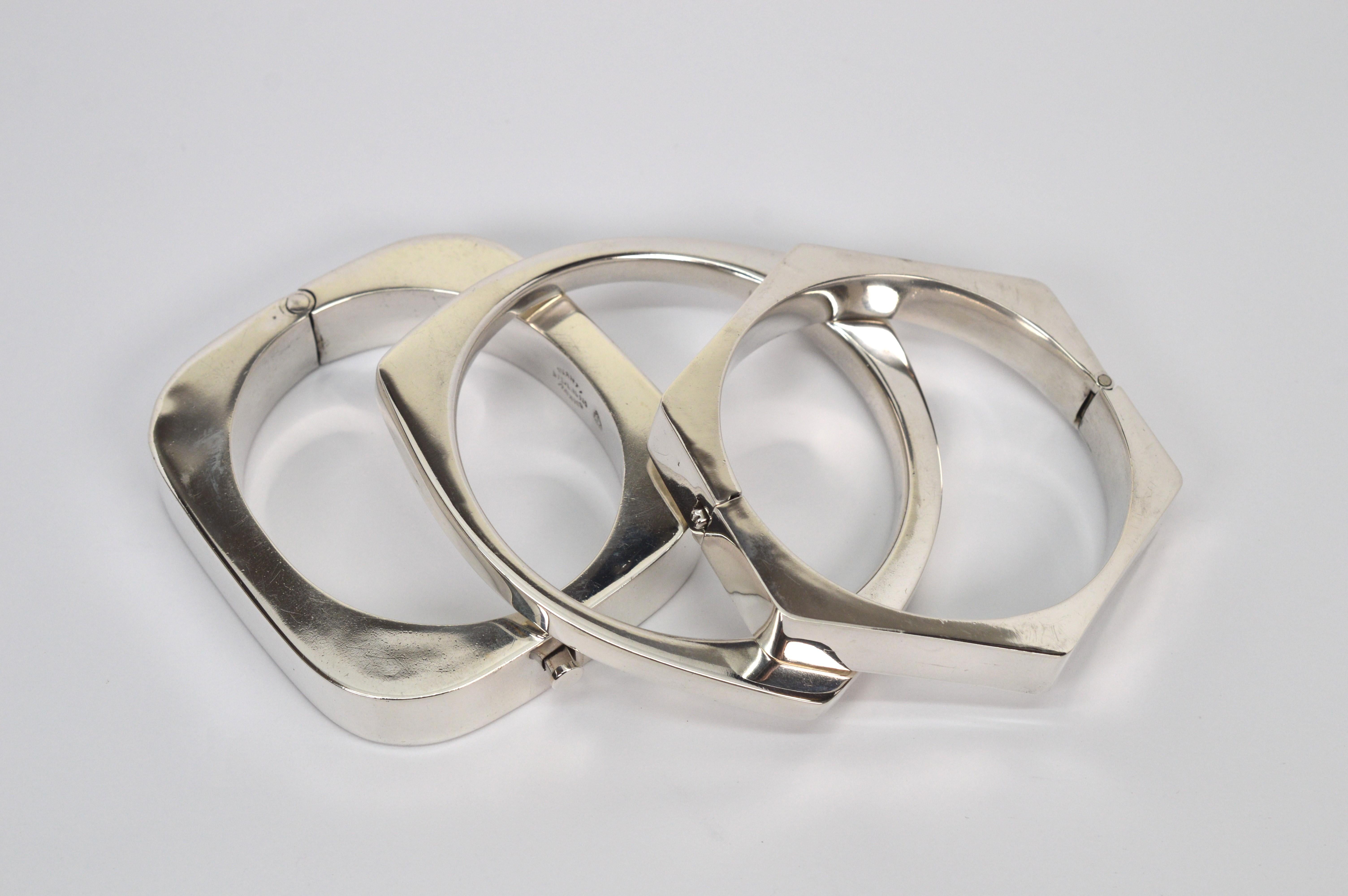 If Boho is your style , this geometric trio of sterling silver bangle bracelets is on target. Three vintage complementing pieces which when worn together create flair and make a silver statement. Of course any of the trio can be worn separately or
