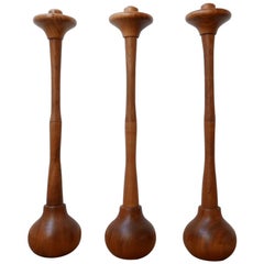 Trio of Tall Midcentury Wooden Candlesticks