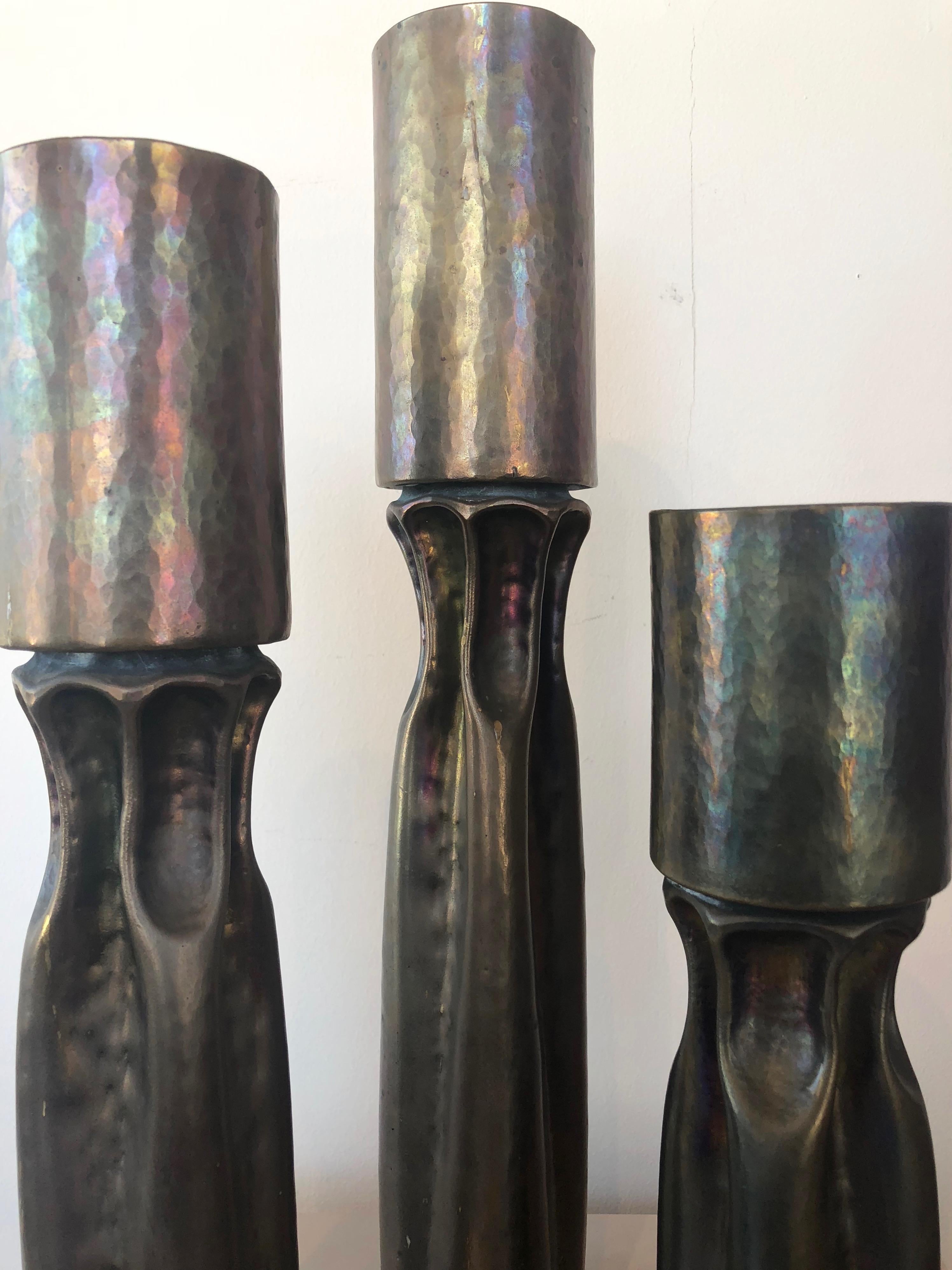Trio of Thomas Roy Markusen Brutalist Brass Candleholders In Good Condition In San Francisco, CA
