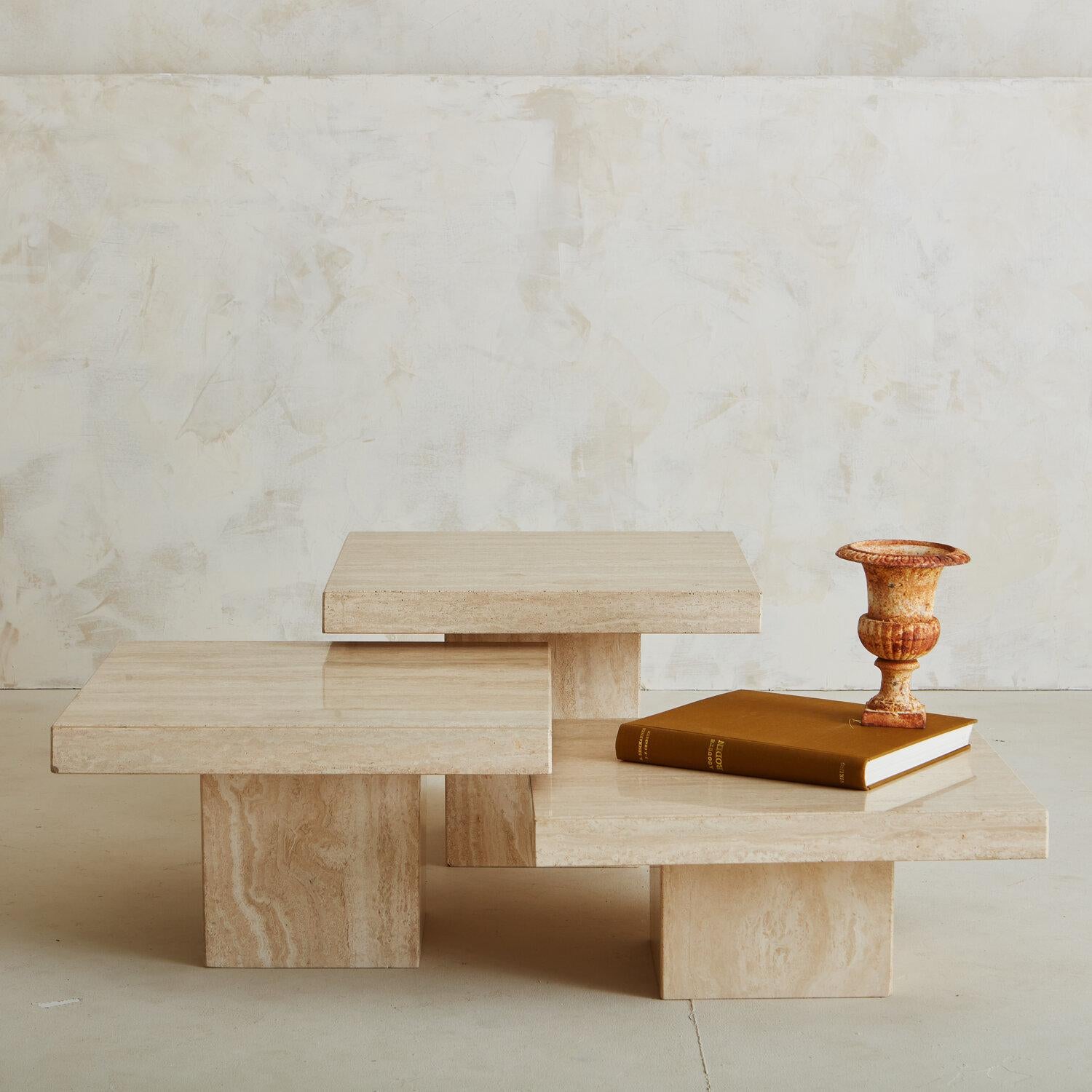 Mid-Century Modern Trio of Tiered Square Travertine Coffee Tables