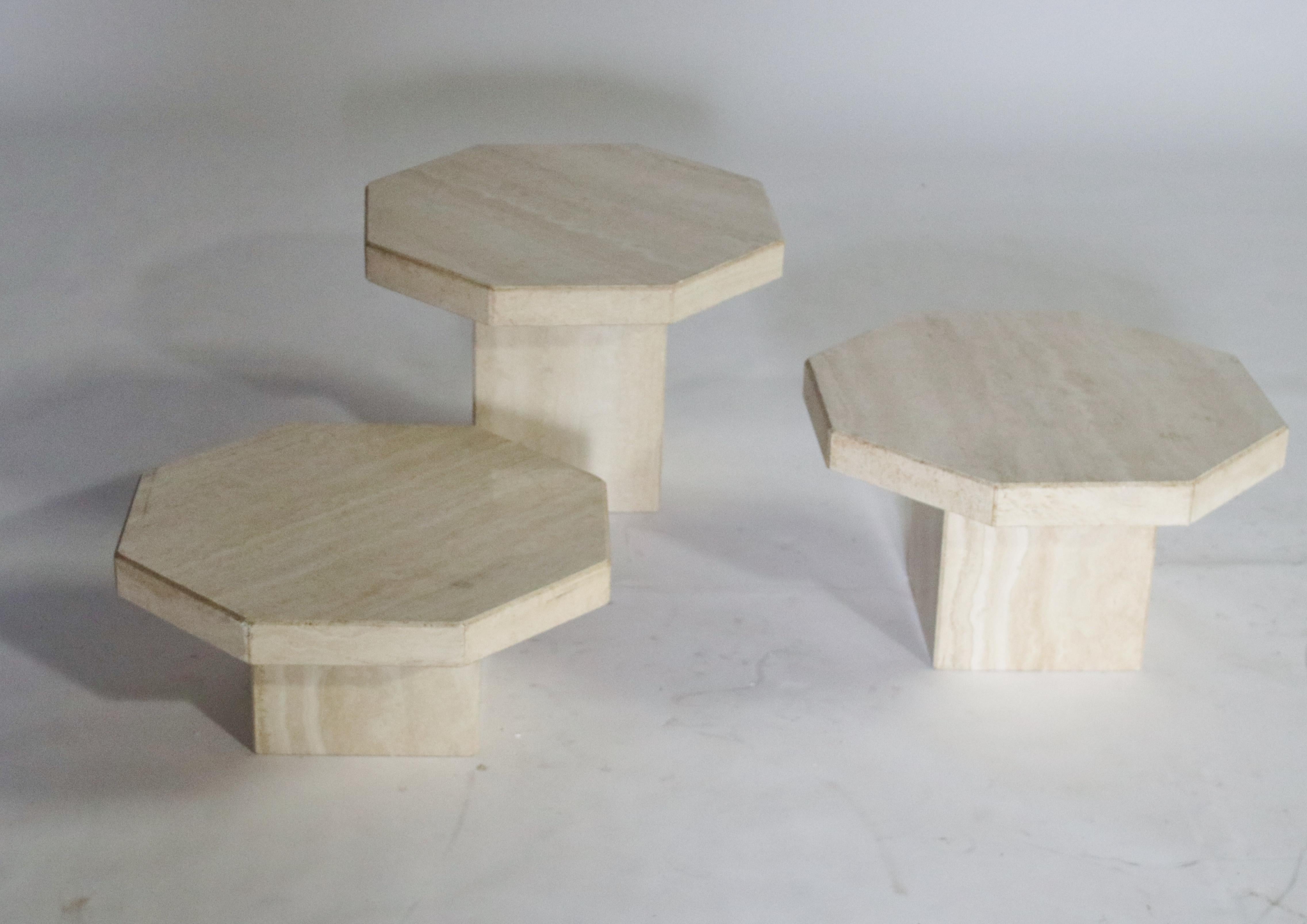 Mid-Century Modern Trio of Travertine Tables with Hexagon Shape Tops