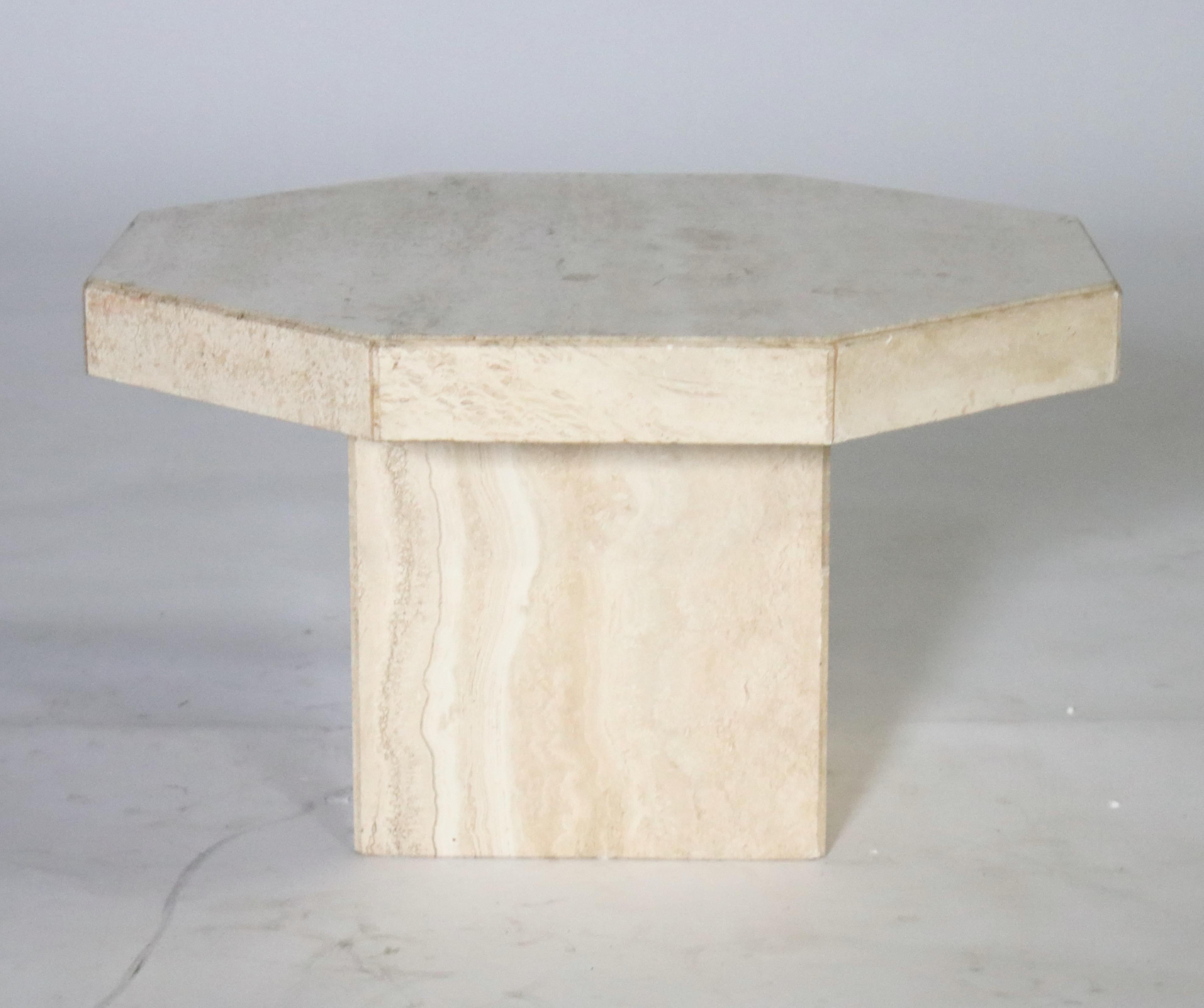 Trio of Travertine Tables with Hexagon Shape Tops In Good Condition In Chicago, IL