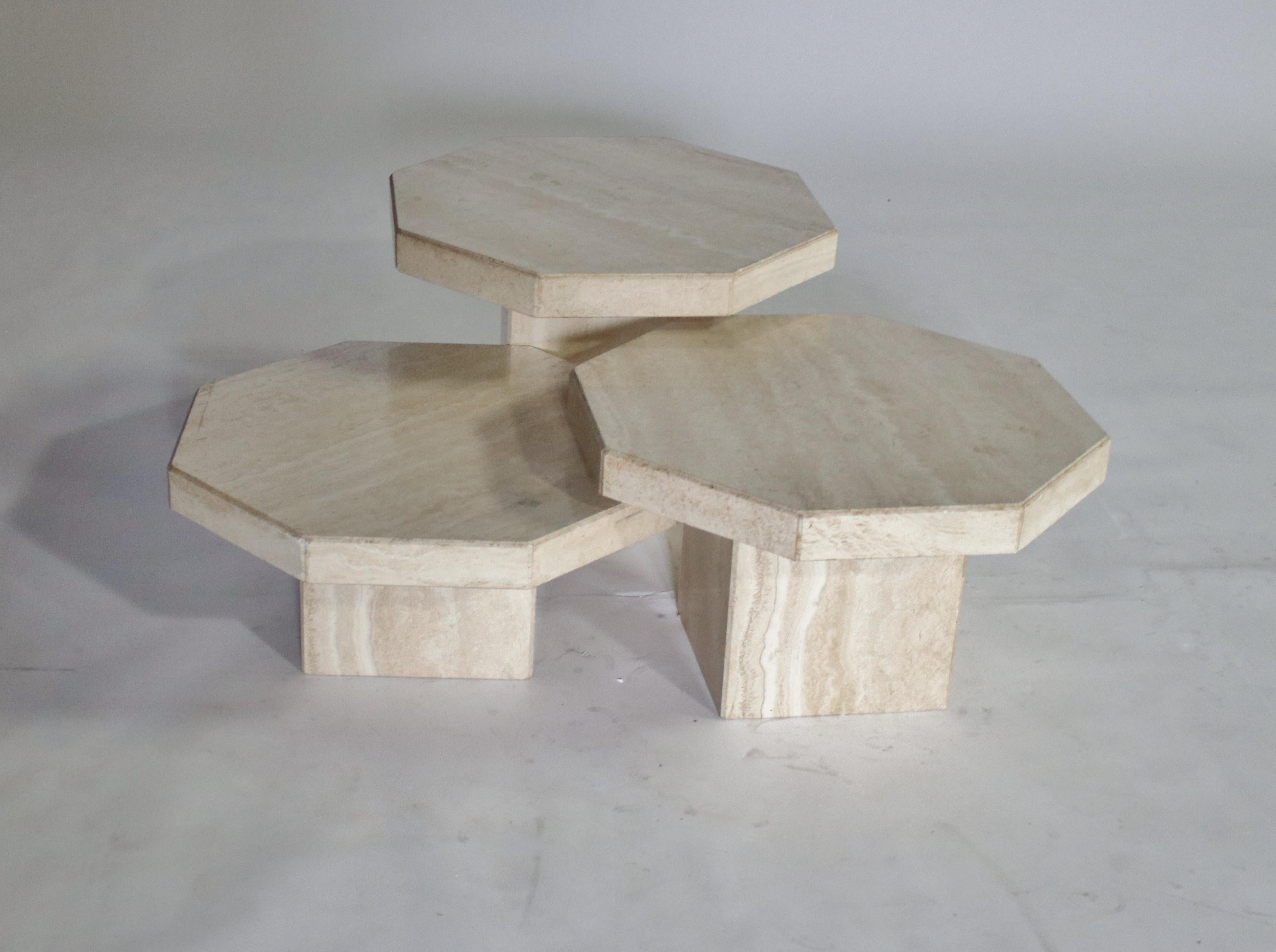 Trio of Travertine Tables with Hexagon Shape Tops 2