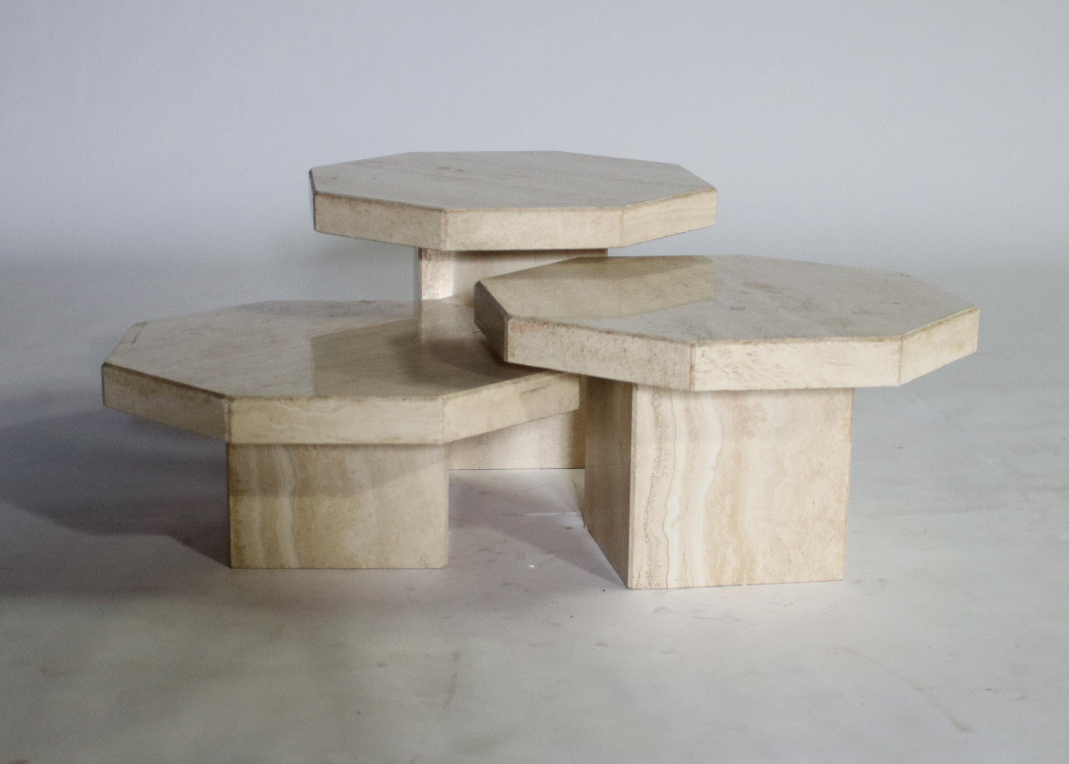 Trio of Travertine Tables with Hexagon Shape Tops 3