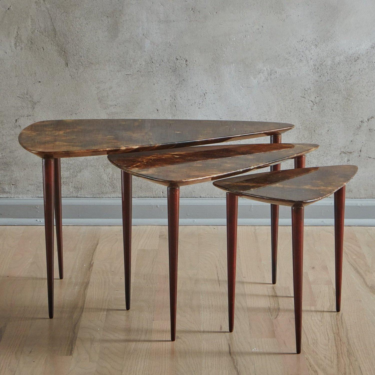Italian Trio of Triangular Parchment Nesting Tables in the Style of Aldo Tura, Italy For Sale