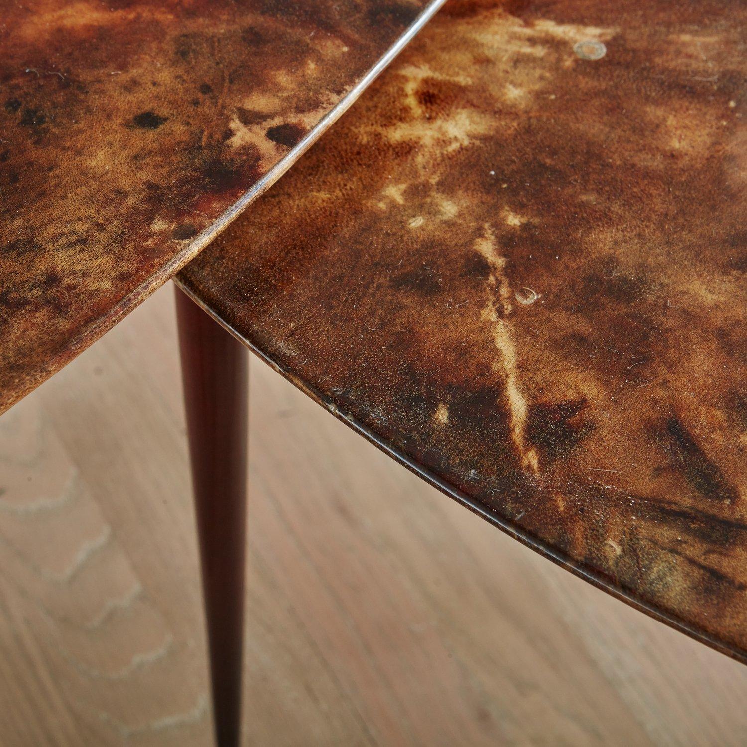 Animal Skin Trio of Triangular Parchment Nesting Tables in the Style of Aldo Tura, Italy For Sale