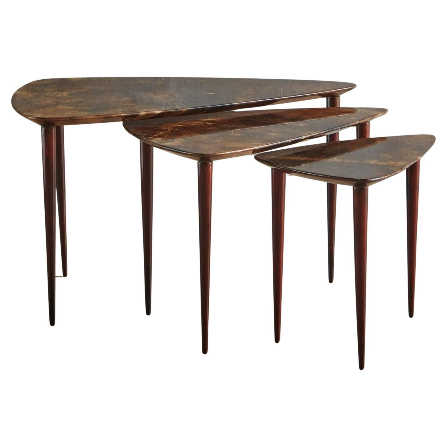 Trio of Triangular Parchment Nesting Tables in the Style of Aldo Tura, Italy For Sale