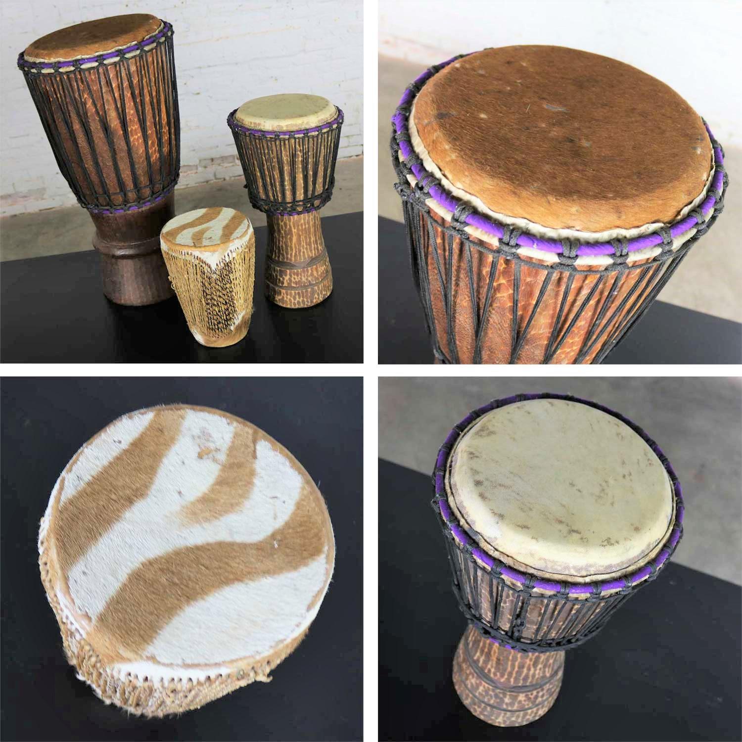 Trio de tambours tribaux sculptés et peau d'animal en vente 6