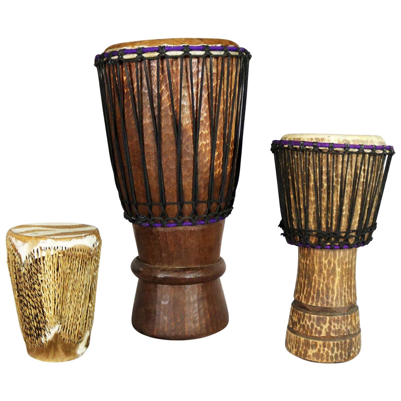 Trio de tambours tribaux sculptés et peau d'animal