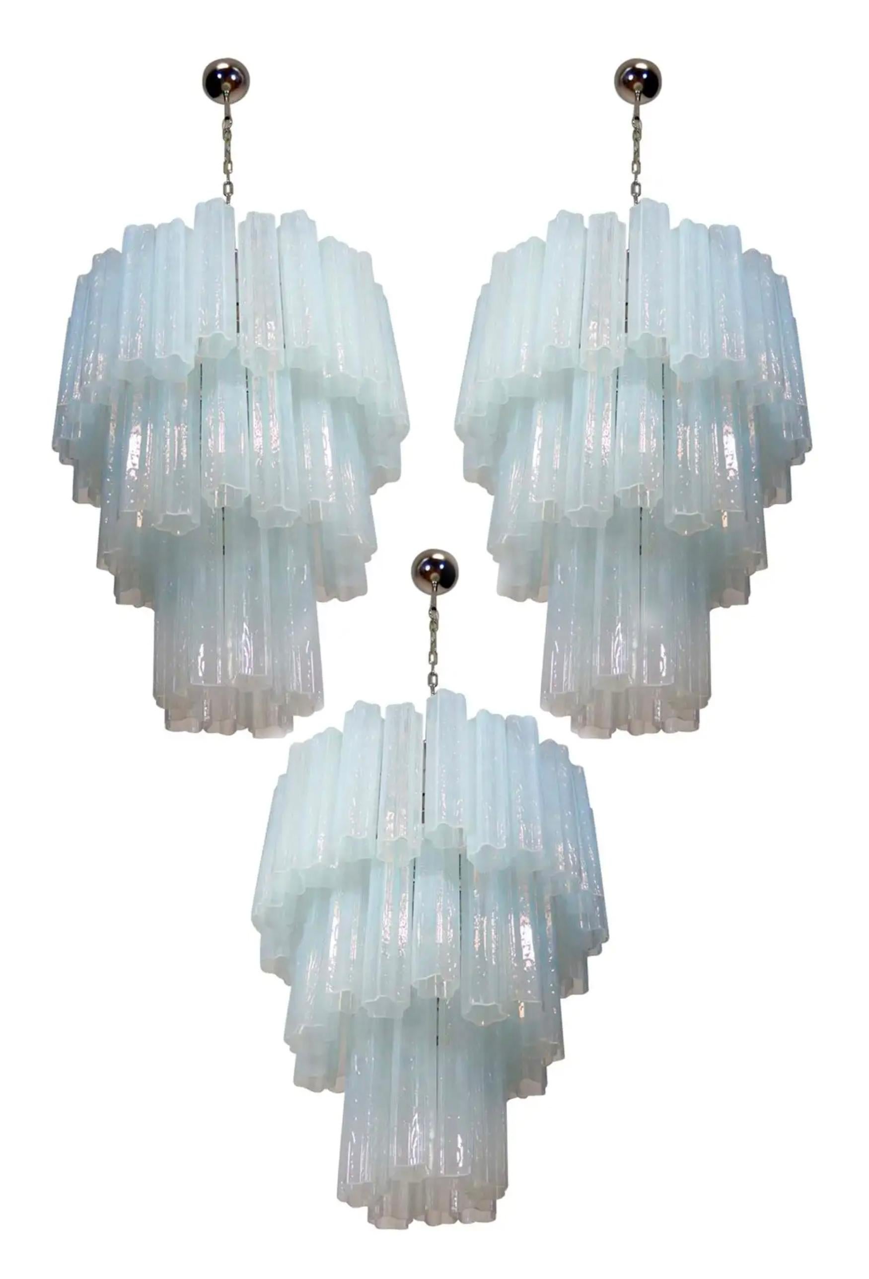 Each chandelier includes precious 48 Tronchi Murano glass 30 has cm long. Measures: Diameter 65 cm, height 75 cm. 14 lights.

Dimensions: 59 inches (150 cm) height with chain, 29.50 inches (75 cm) height without chain; 25.60 inches (65 cm)