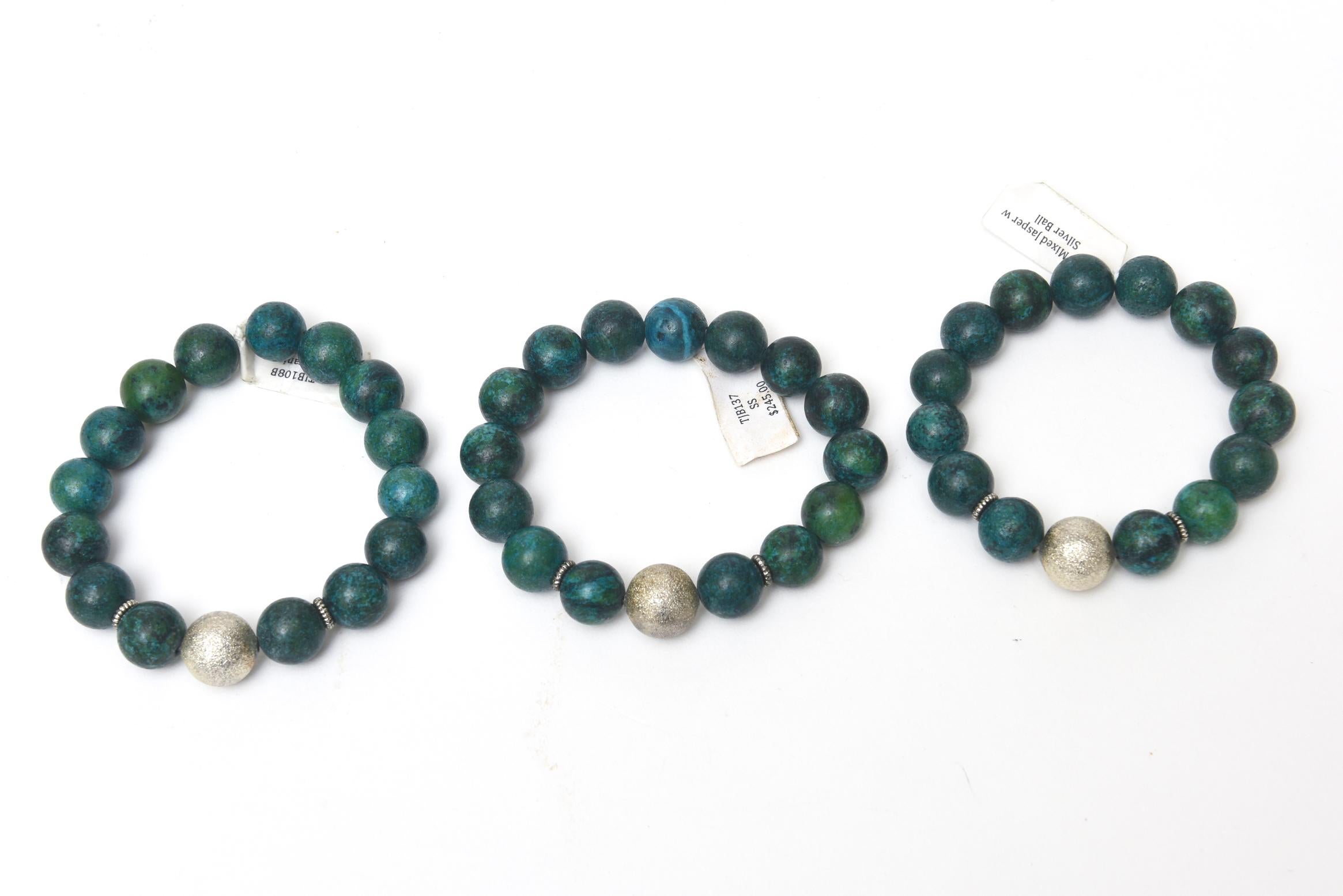 Modern  Custom Made Jeweler Turquoise Beaded and Silver Ball Bracelets Trio Of Three For Sale