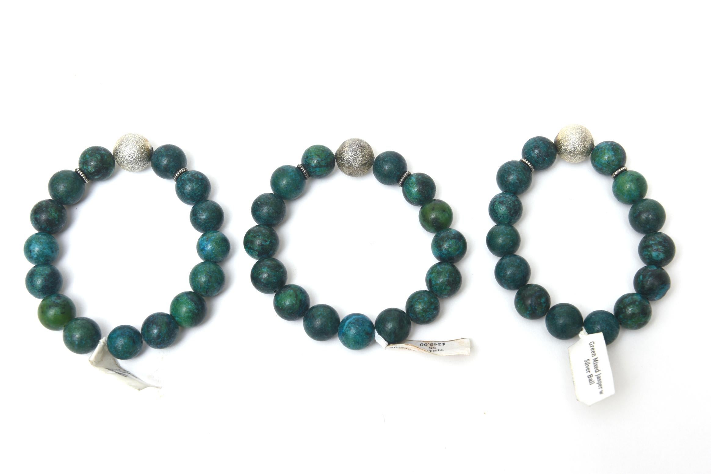 Custom Made Jeweler Turquoise Beaded and Silver Ball Bracelets Trio Of Three In New Condition For Sale In North Miami, FL